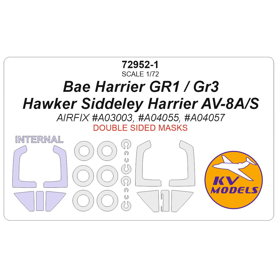 72952-1 KV Models 1/72 Bae Harrier GR1 / GR3 / Hawker Siddeley Harrier AV-8A/S (AIRFIX #A03003, #A04055, #A04057) - (двусторонние маски) + маски на диски и колеса