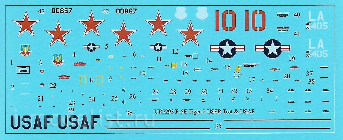 UR7293 UpRise 1/72 Декали для F-5E Tiger-II USSR Test, с тех. надписями