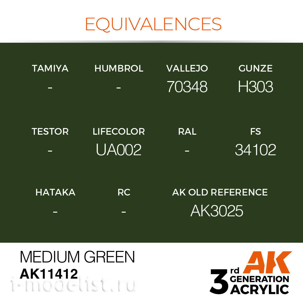 AK11412 AK Interactive Краска акриловая MEDIUM GREEN – FIGURES (средне-зеленый) 17 мл