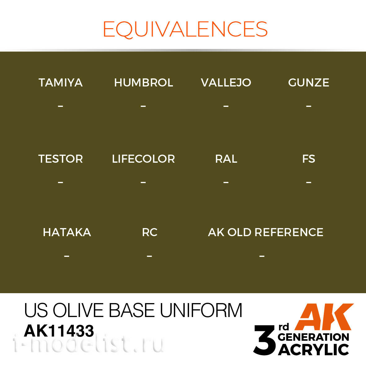 AK11433 AK Interactive Краска акриловая US OLIVE BASE UNIFORM – FIGURES (оливковая униформа базовый) 17 мл