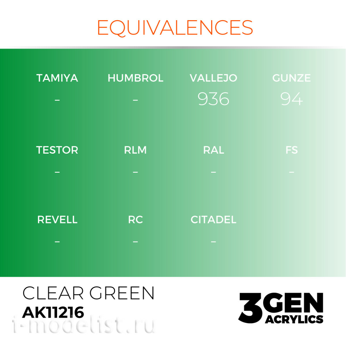 AK11216 AK Interactive Краска акриловая 3GEN Прозрачный зелёный / CLEAR GREEN – STANDARD