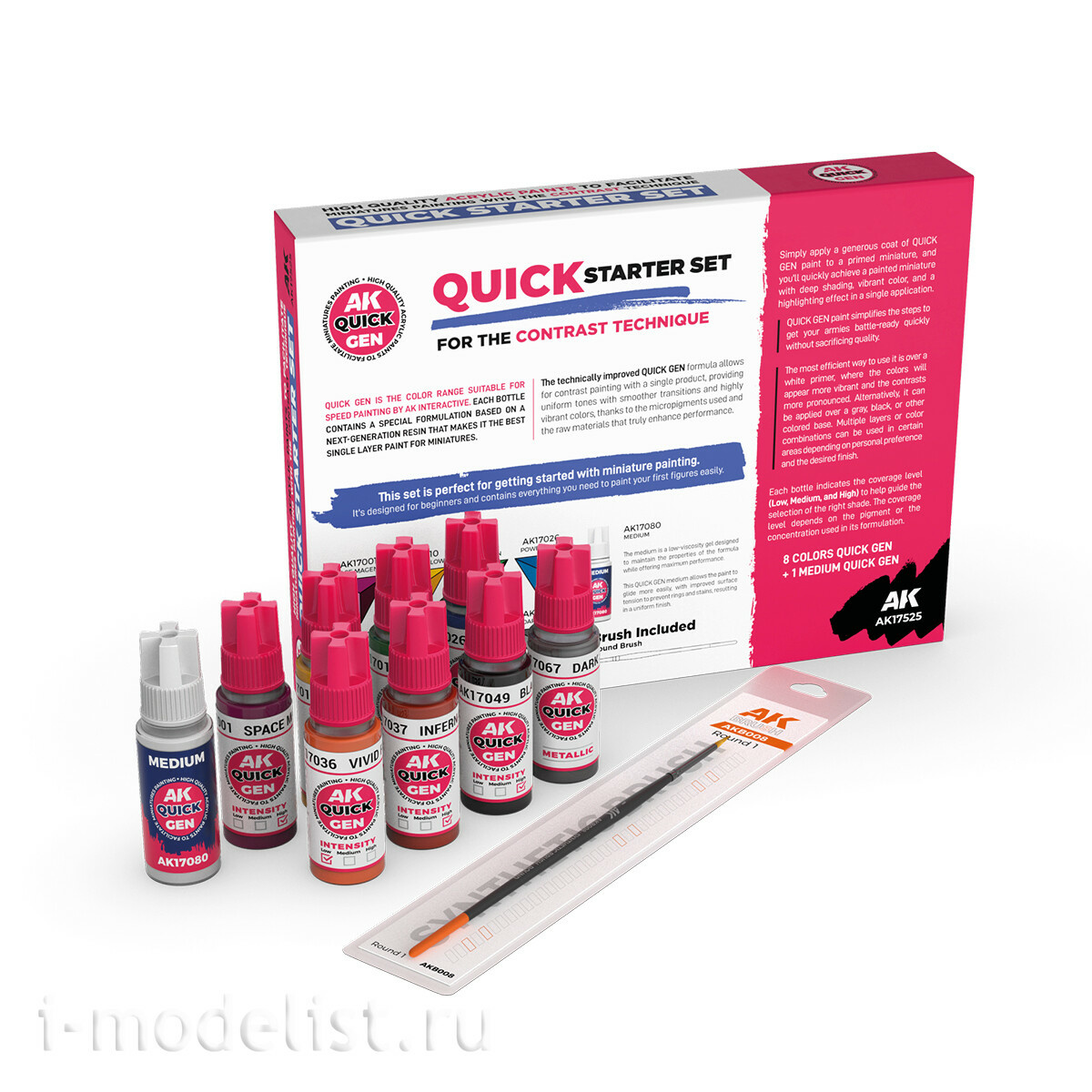 AK17525 AK Interactive Набор новичка (8 красок QUICK GEN + 1 медиум + 1 кисть) / STARTER SET (8 QUICK GEN + 1 MEDIUM + 1 FREE BRUSH)