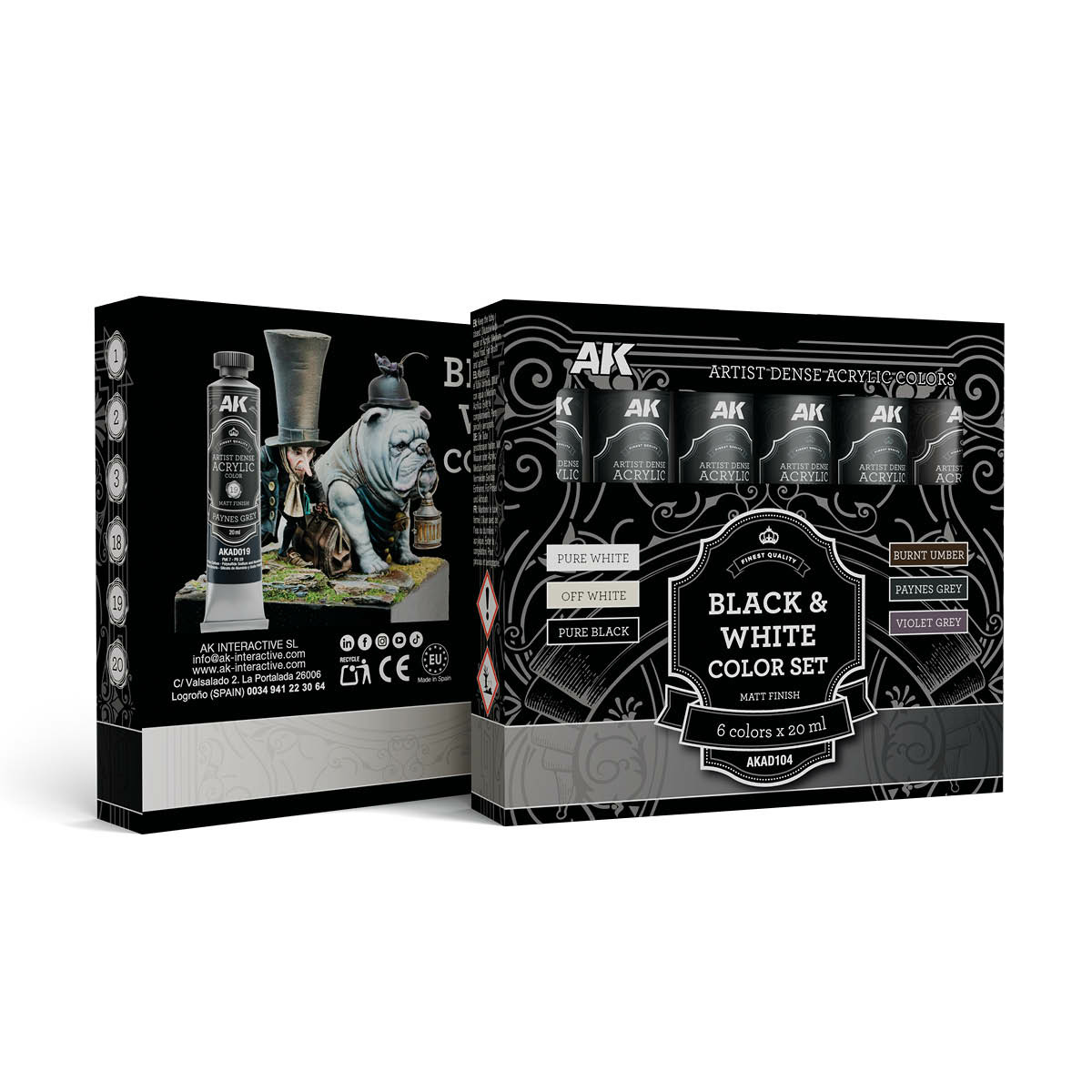 AKAD104 AK Interactive Набор чёрных и белых красок – художественный плотный акрил / Black & White Color Set – Artistic Dense Acrylic Color