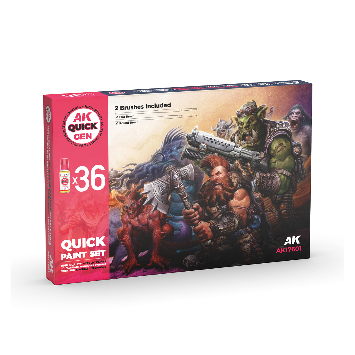 AK17601 AK Interactive Набор красок QUICK GEN (36 шт. + кисть) / QUICK PAINT SET-36 QUICK GEN COLORS (+2 FREE BRUSHES)