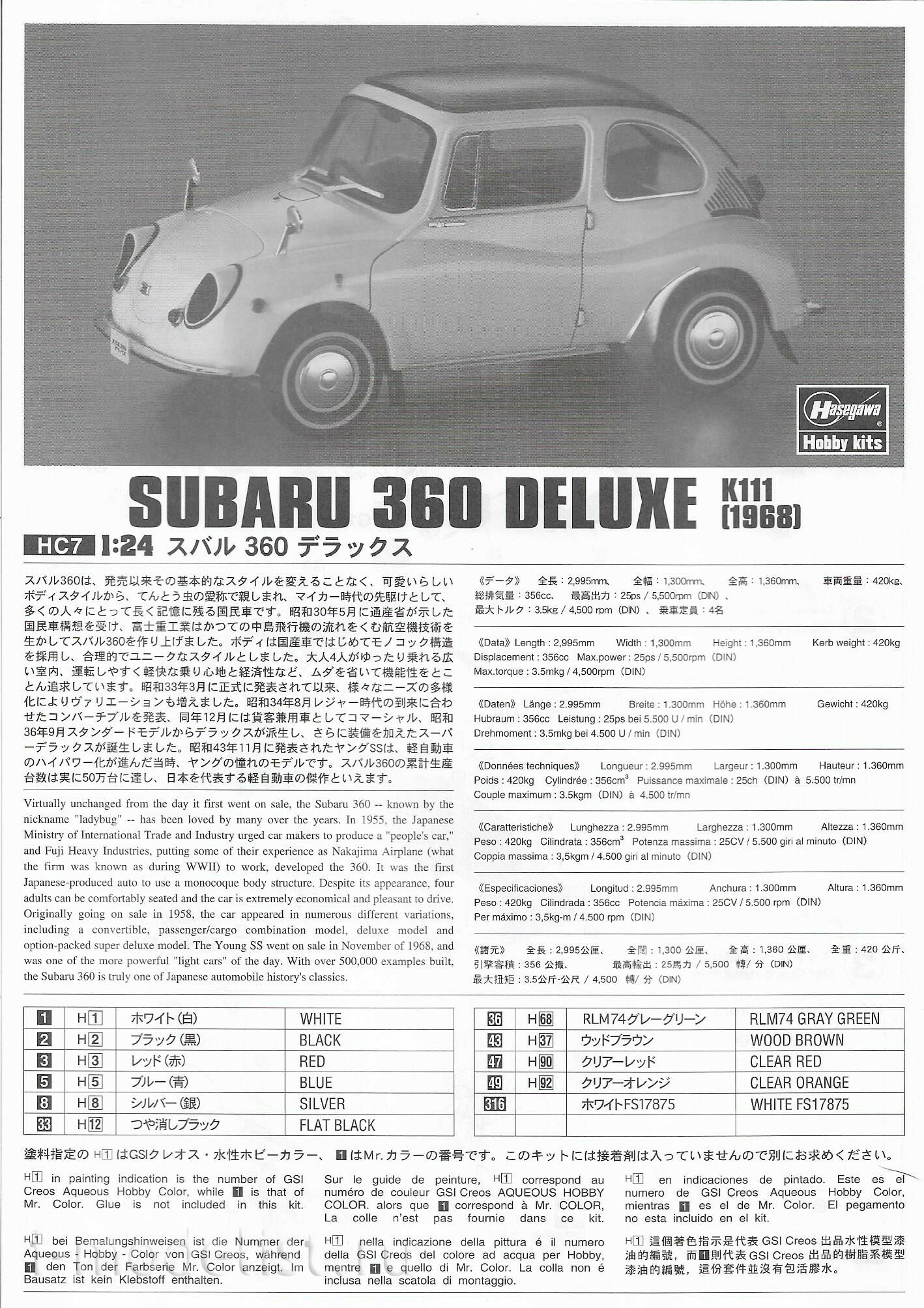 21207 Hasegawa 1/24 Автомобиль Subaru 360 Deluxe 