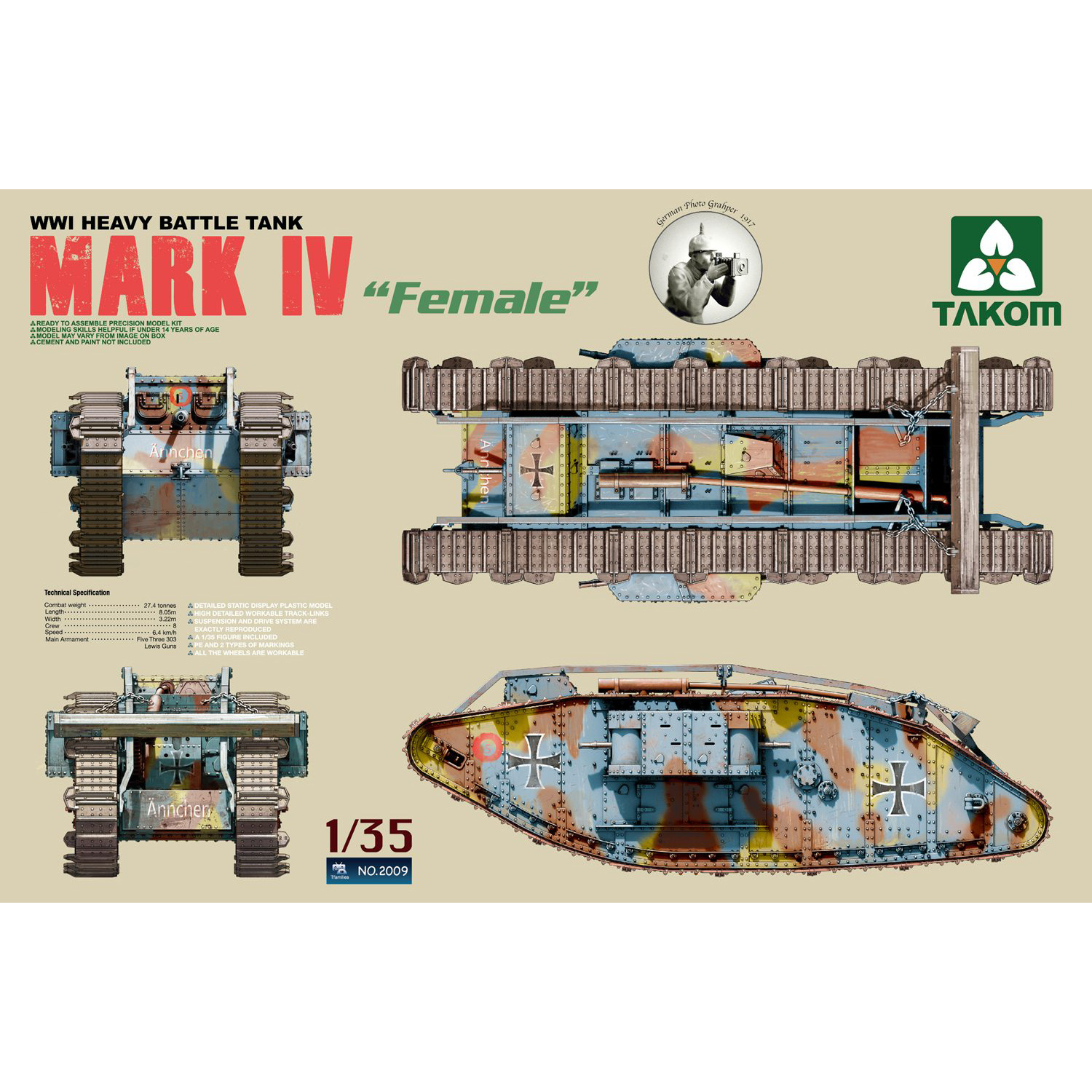 2009 Takom 1/35 Тяжелый боевой танк Mark IV времен Первой мировой войны 'Female'