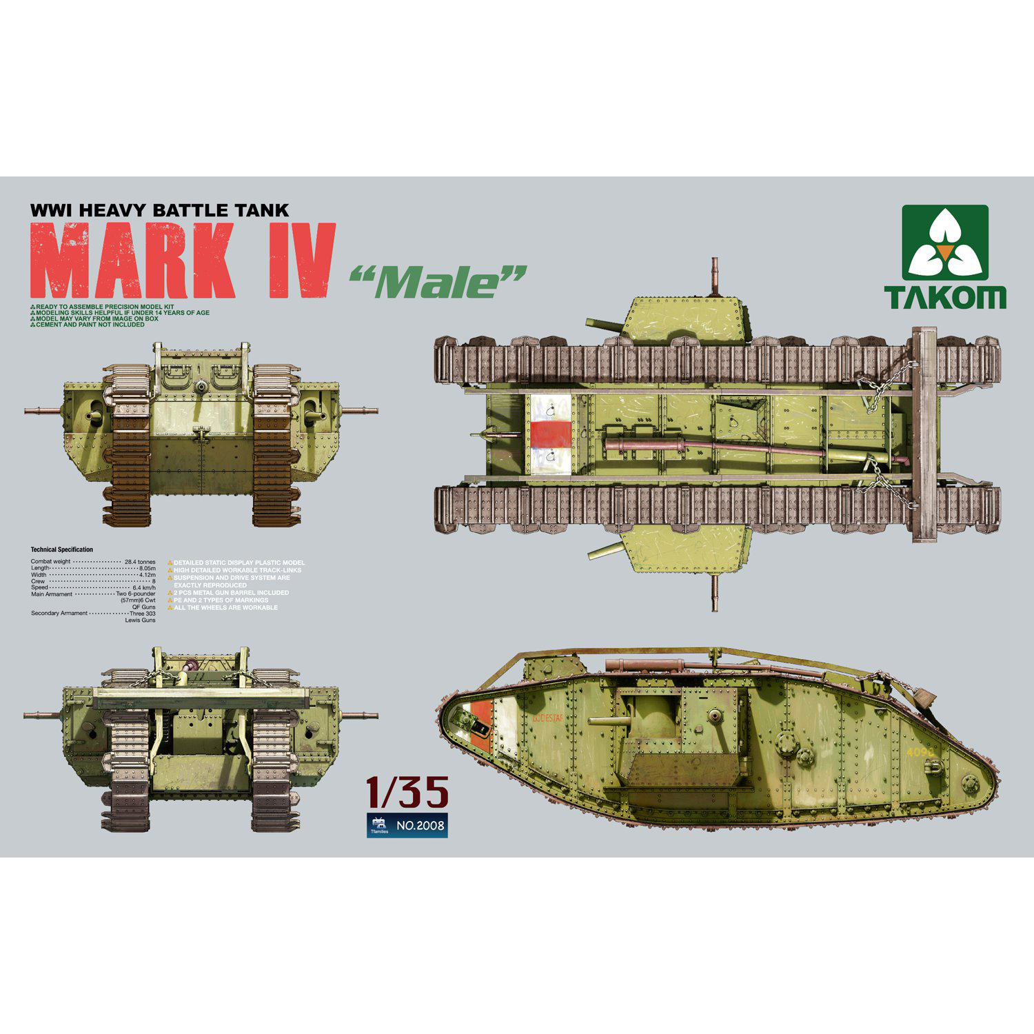 2008 Takom 1/35 Тяжелый боевой танк Mark IV времен Первой мировой войны 'Male'