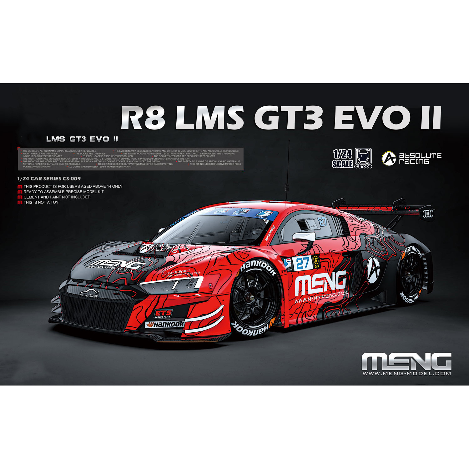 CS-009 Meng 1/24 Немецкий спортивный автомобиль R8 LMS GT3 EVO II Absolute Racing