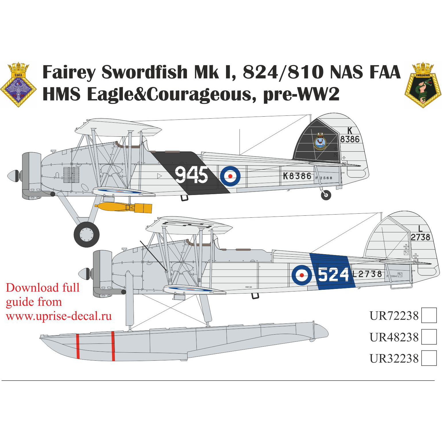 UR72238 UpRise 1/72 Декали для Fairey Swordfish MK I, 824/810 FAA HMS Eagle & Courageous, pre WW2