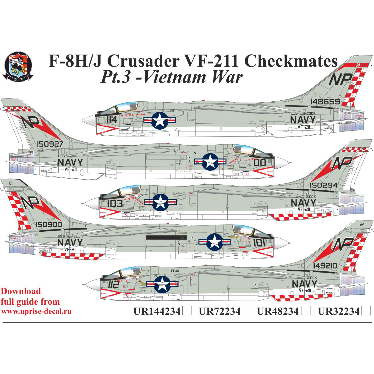 UR72234 UpRise 1/72 Декали для F-8H/J Crusader VF-211 Checkmates Pt.3 FFA (удаляемая лаковая подложка)