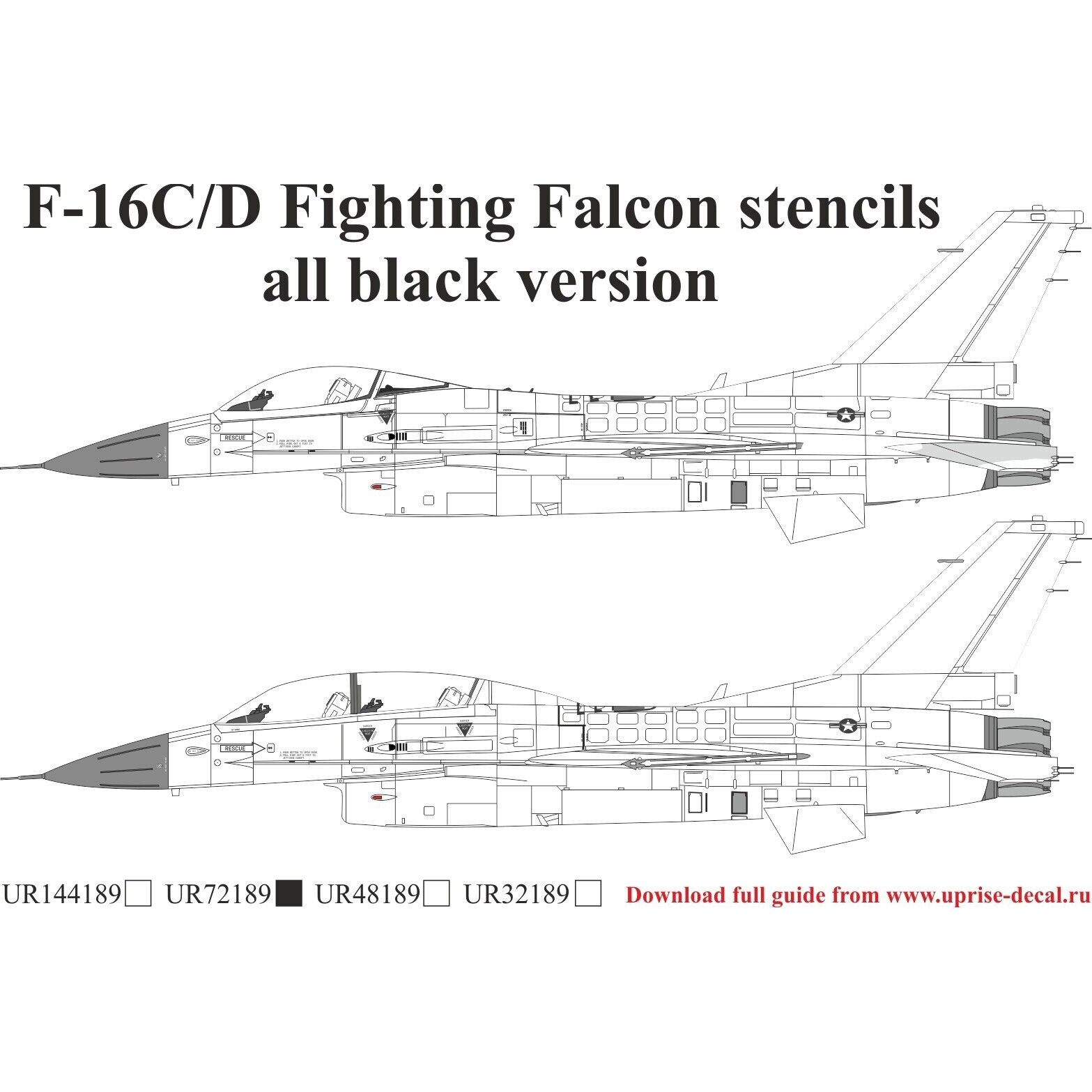 UR72189 UpRise 1/72 Декали для  F-16C/D Fighting Falcon, с тех. надписями, чёрная версия, FFA (удаляемая лаковая подложка)