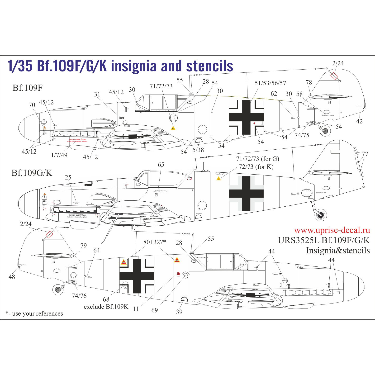 URS3525L UpRise 1/35 Декали для Bf.109F/G/K со знаками отличия и тех. надписями