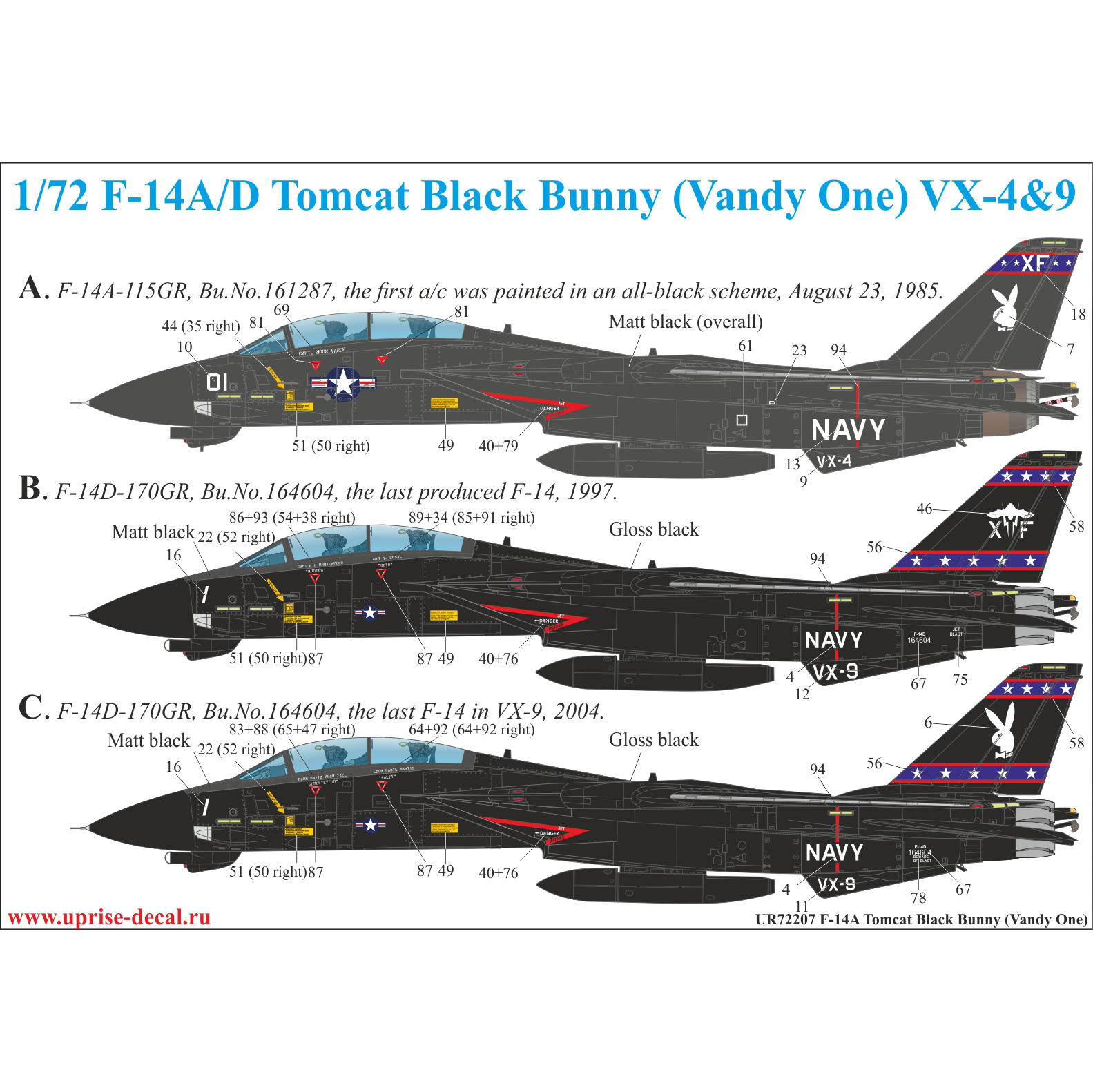UR72207 UpRise 1/72 Декаль для F-14A/D Tomcat Black Bunny FFA (удаляемая лаковая подложка)