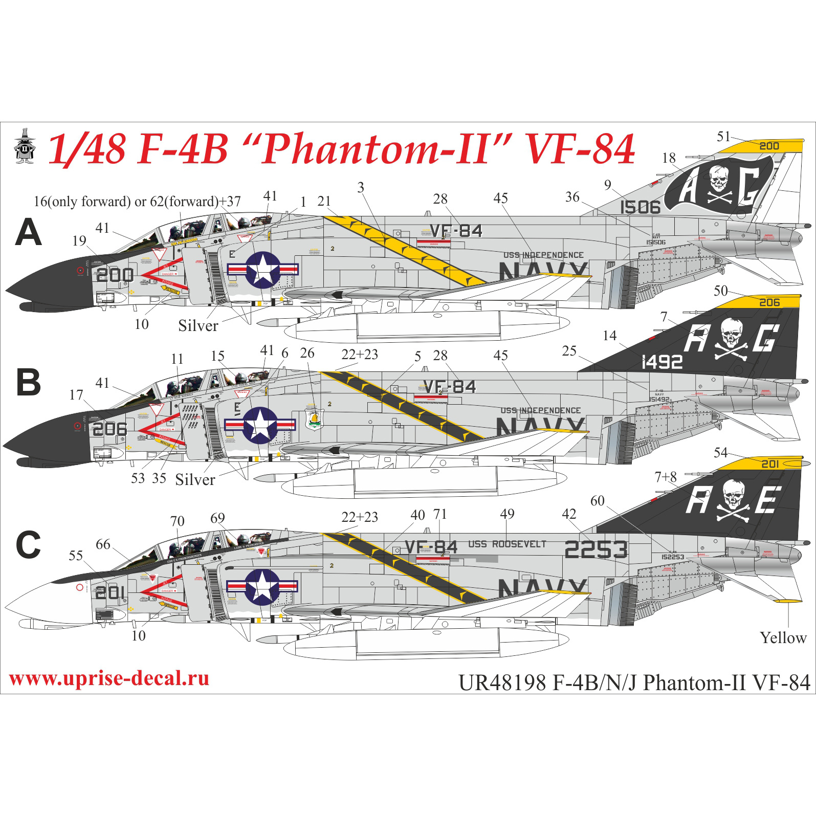 UR48198 UpRise 1/48 Декаль для F-4B/N/J Phantom-II VF-84 (удаляемая лаковая подложка)