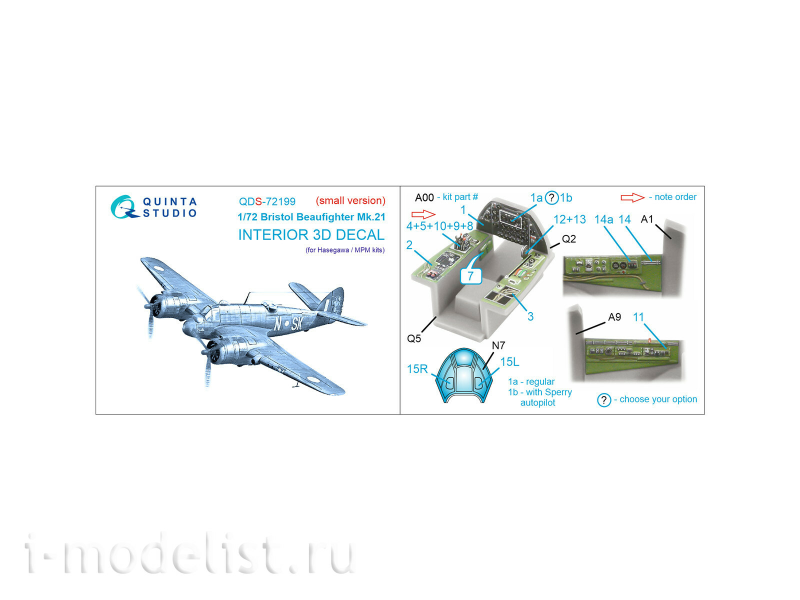 QDS-72199 Quinta Studio 1/72 3D Декаль интерьера кабины Bristol Beaufighter Mk.21 (Hasegawa/MPM) (малая версия)