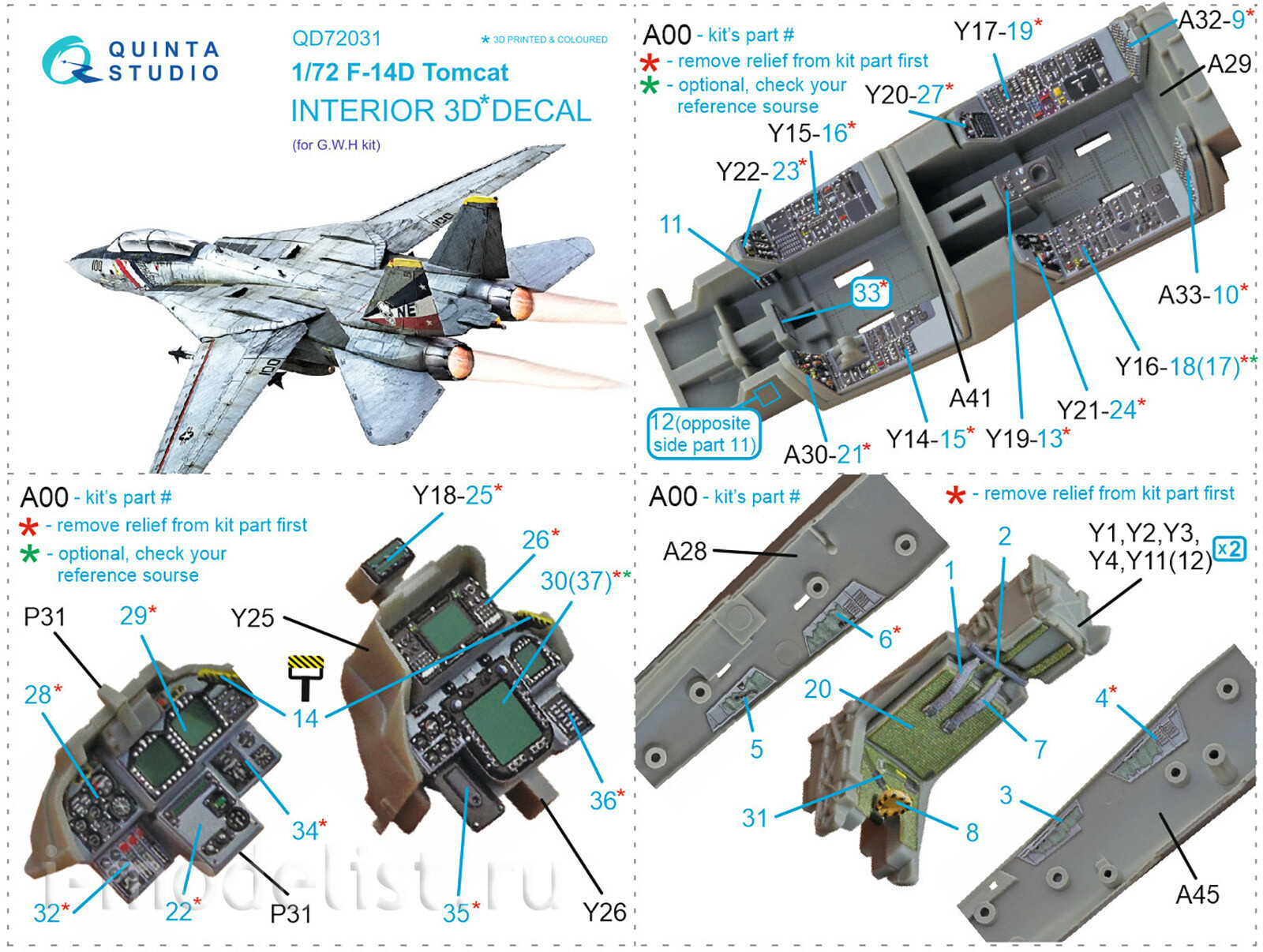 QD72031 Quinta Studio 1/72 3D Декали интерьера кабины F-14D (GWH)