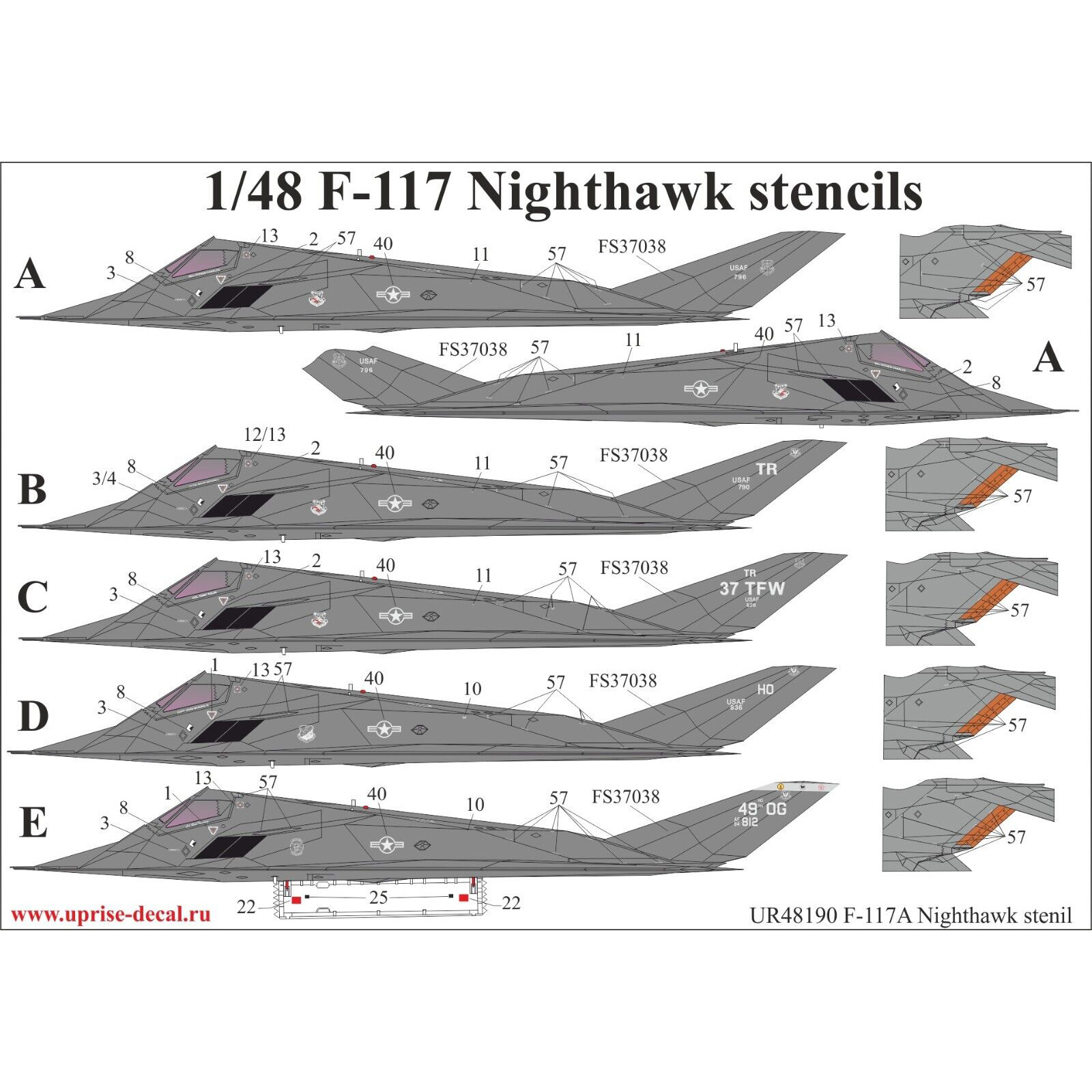 UR48190 UpRise 1/48 Декаль для F-117A Тех. надписи