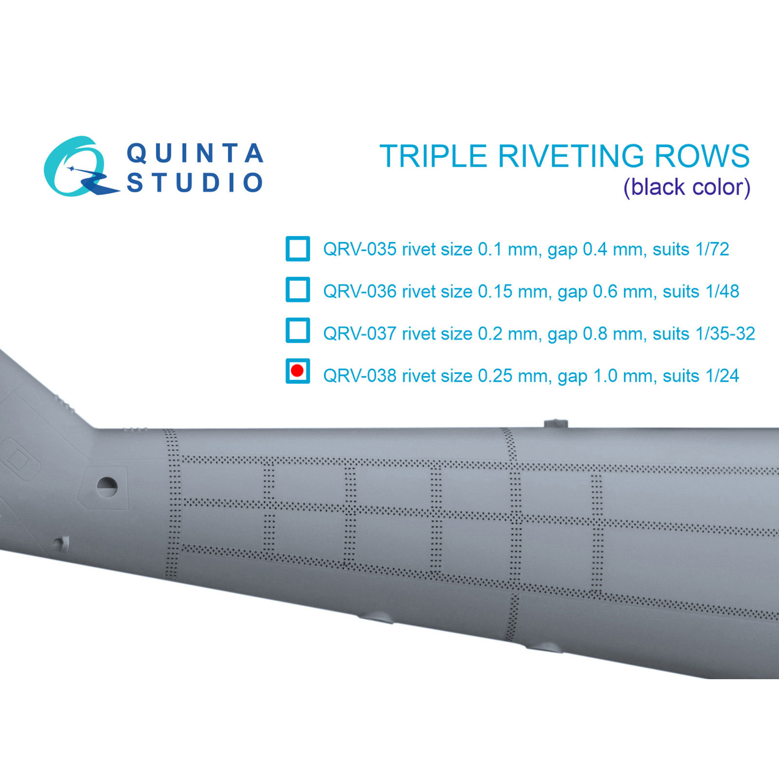 QRV-038 Quinta Studio 1/24 Тройные клепочные ряды (размер клепки 0.25 mm, интервал 1.0 mm), черные, общая длина 3.2 m 