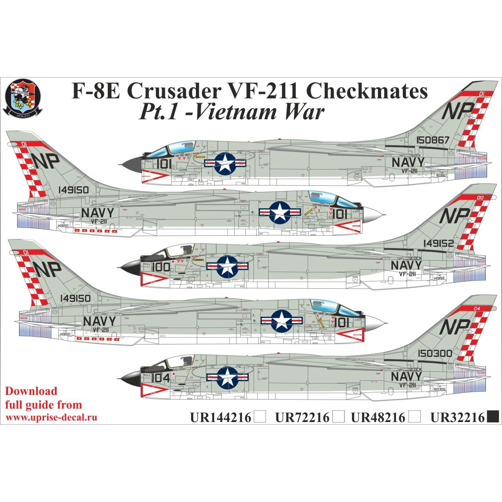 UR32216 UpRise 1/32 Декали для F-8E Crusader VF-211 Checkmates Pt 1, FFA (удаляемая лаковая подложка)