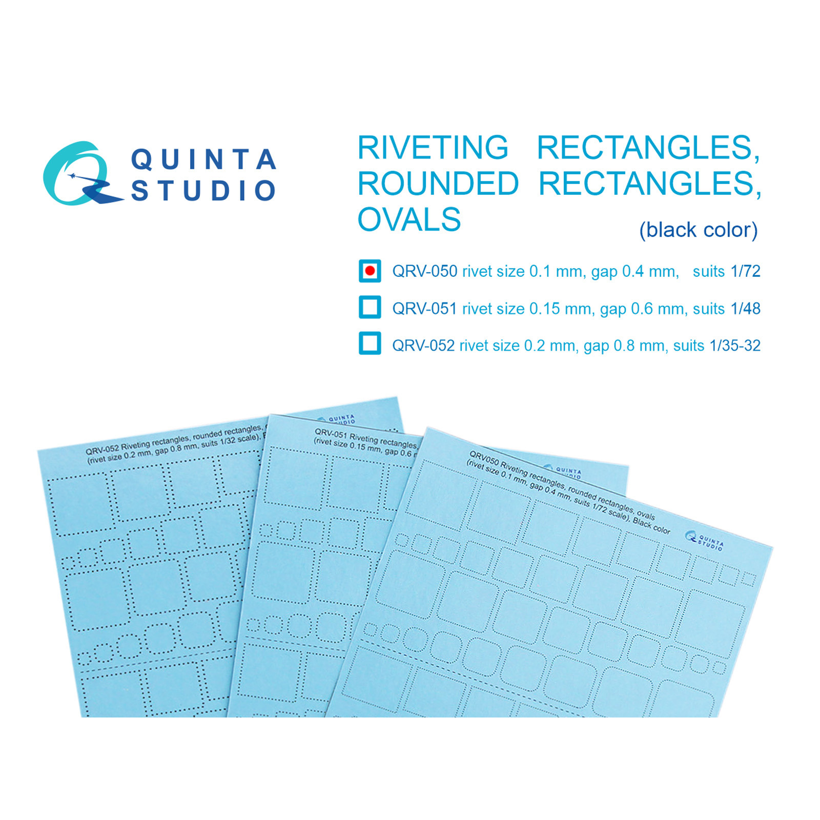 QRV-050 Quinta Studio 1/72 Клепочные ряды: прямоугольники и овалы (размер клепки 0.10 mm, интервал 0.4 mm, масштаб 1/72), черны