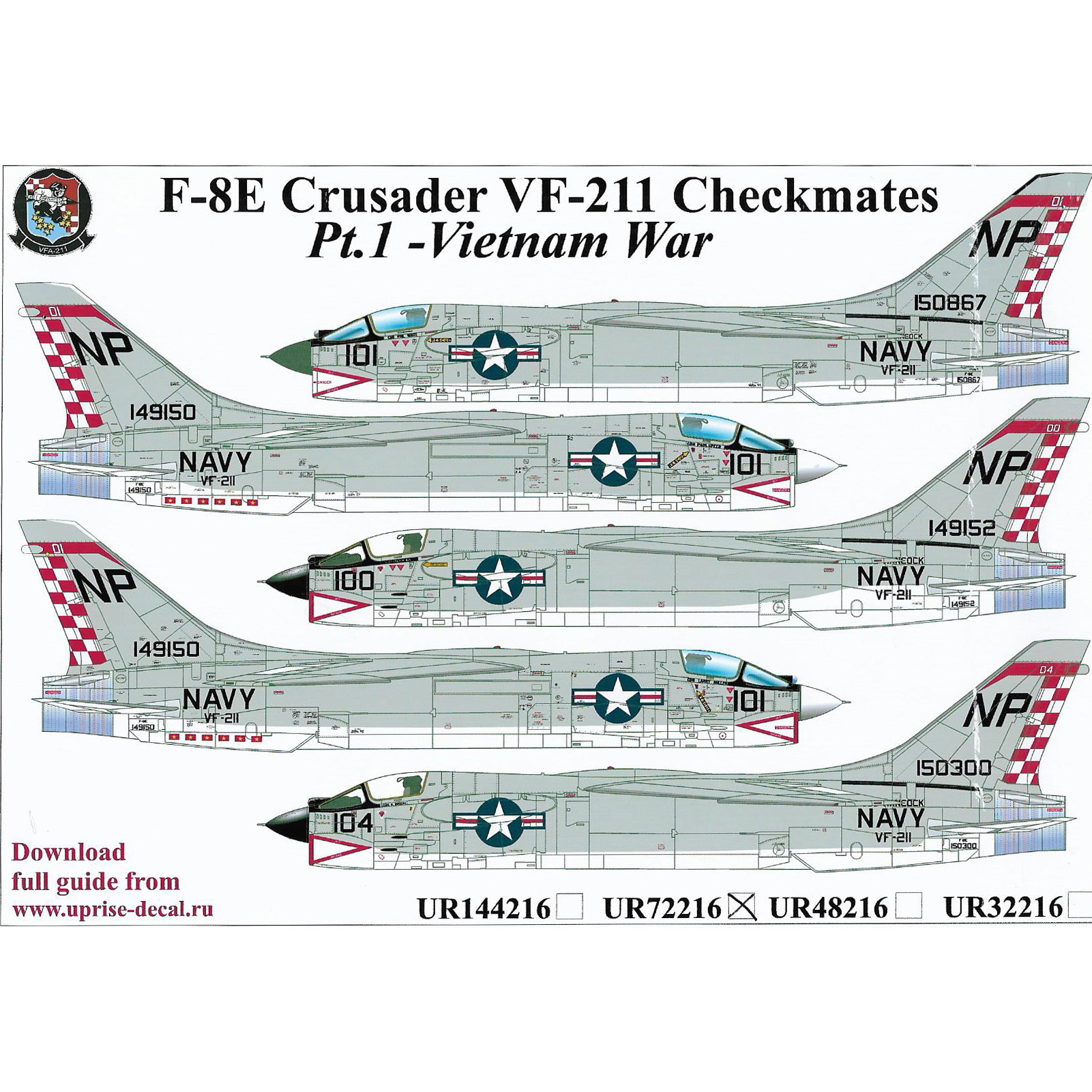 UR72216 UpRise 1/72 Декали для F-8E Crusader VF-211 Checkmates Pt.1, FFA (удаляемая лаковая подложка)