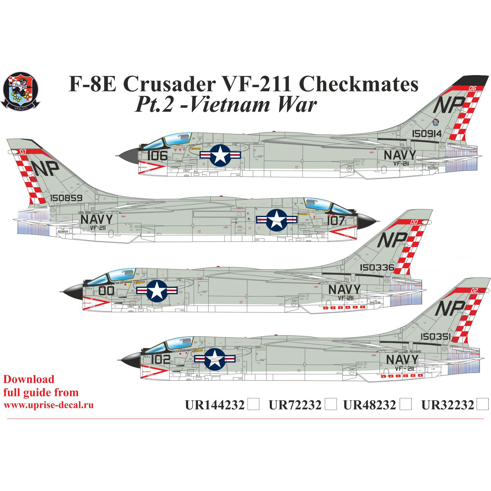 UR72232 UpRise 1/72 Декали для F-8E Crusader VF-211 Checkmates Pt.2 FFA (удаляемая лаковая подложка)