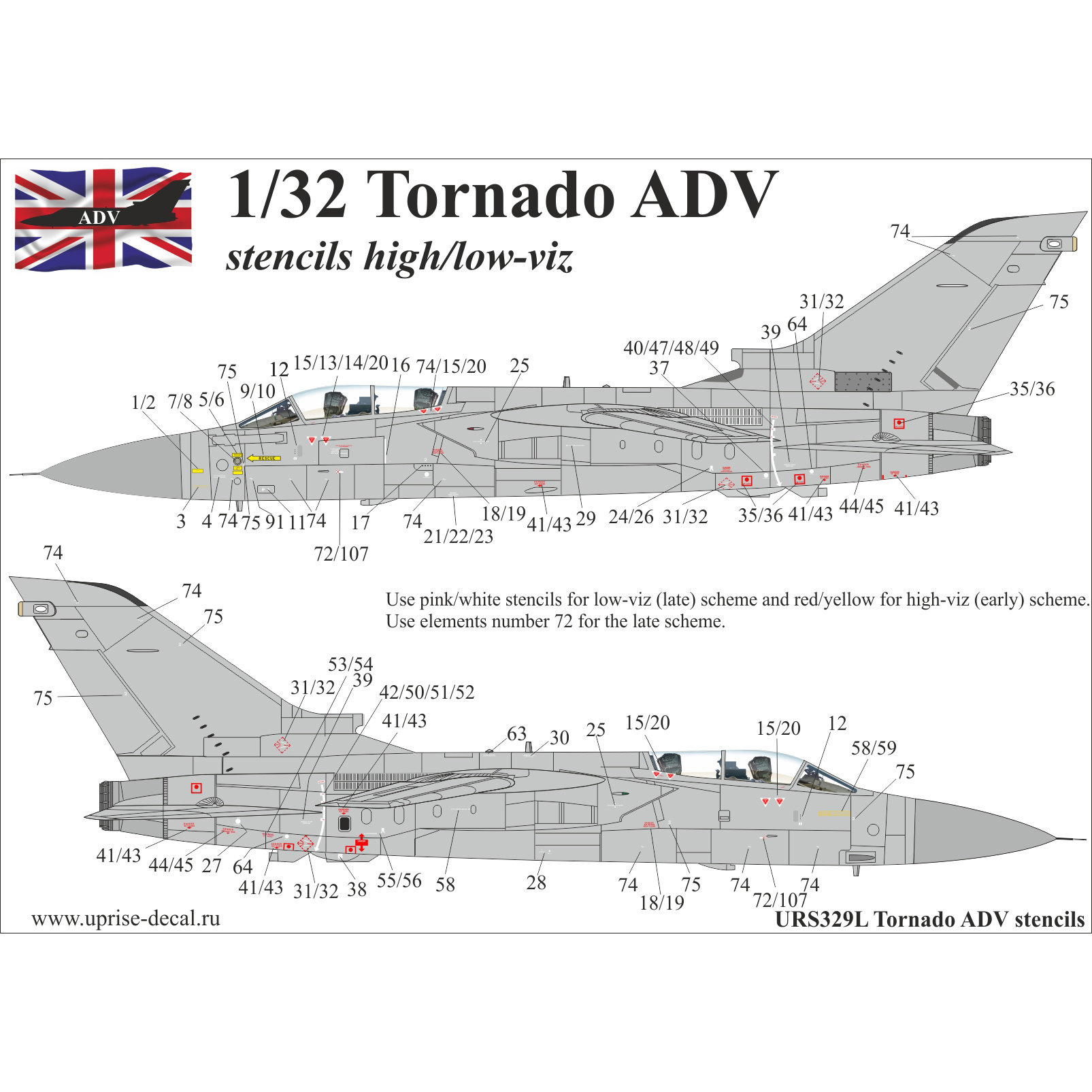 URS329L UpRise 1/32 Декаль для Tornado ADV, тех. надписи, FFA (удаляемая лаковая подложка) 