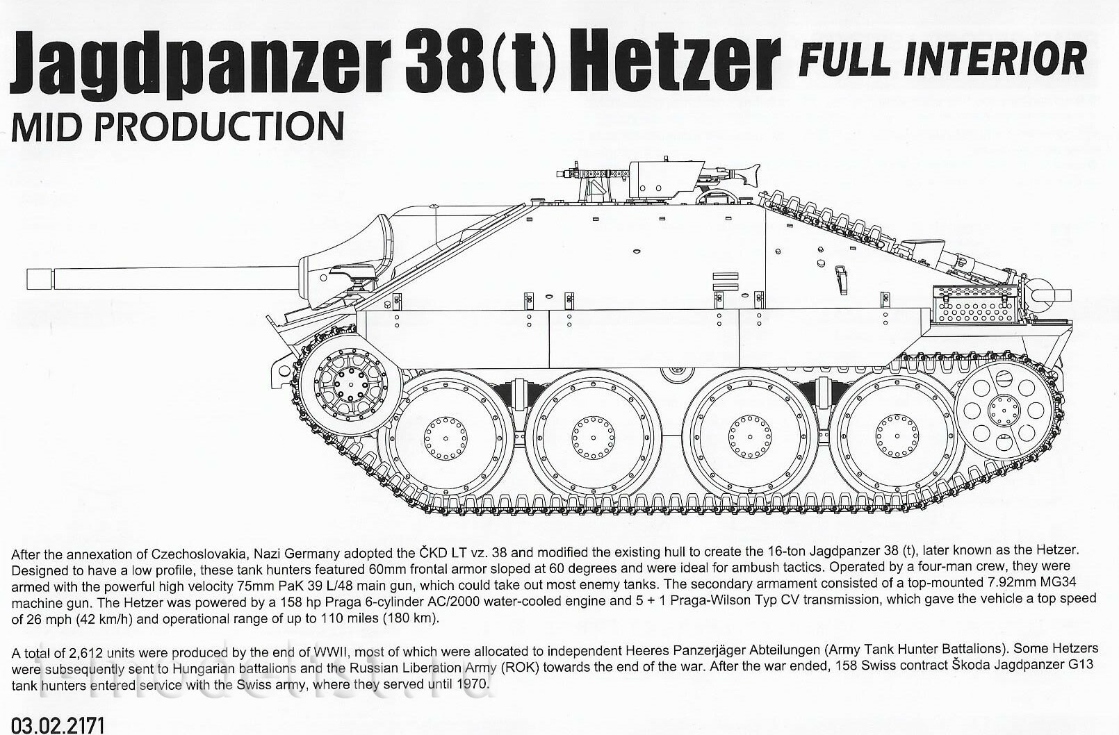 2171 Takom 1/35 Немецкая САУ Jagdpanzer 38(t) Hetzer (промежуточная) с полным интерьером