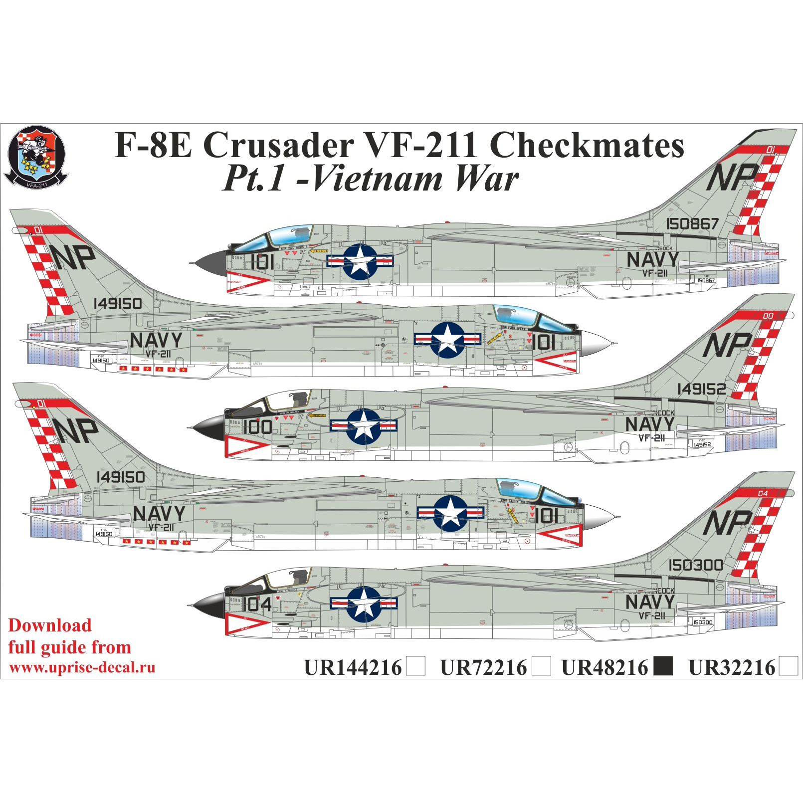 UR48216 UpRise 1/48 Декали для F-8E Crusader VF-211 Checkmates Pt.1 - Vietnam War, с тех. надписями, FFA (удаляемая лаковая подложка)
