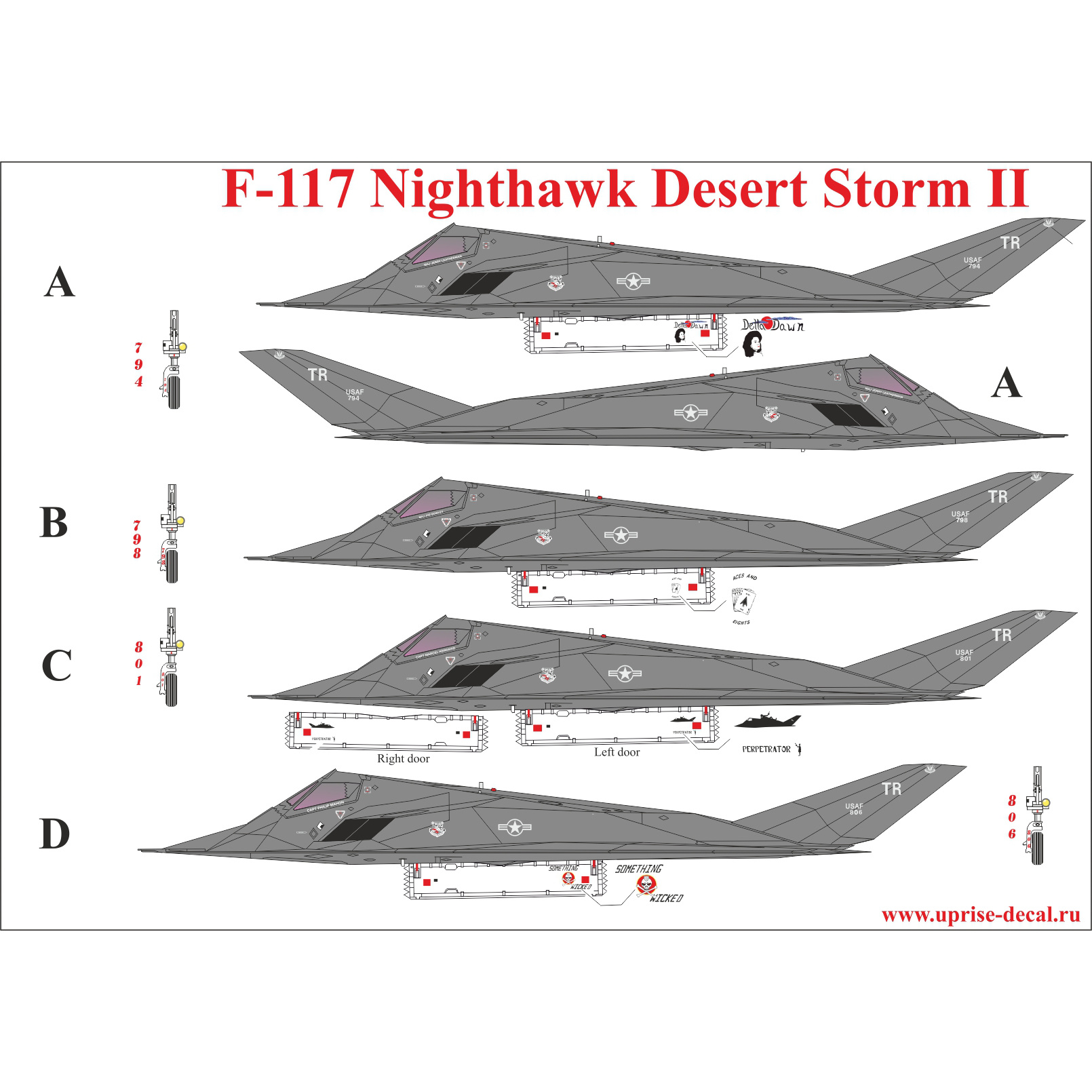UR144194 UpRise 1/144 Декаль для F-117 Nighthawk Desert Storm Pt.II, с тех. надписями