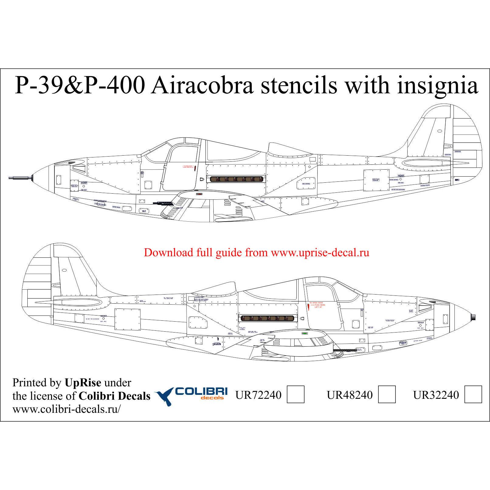 UR72240 UpRise 1/72 Декали для P-39 Airacobra, тех. надписи и знаки отличия