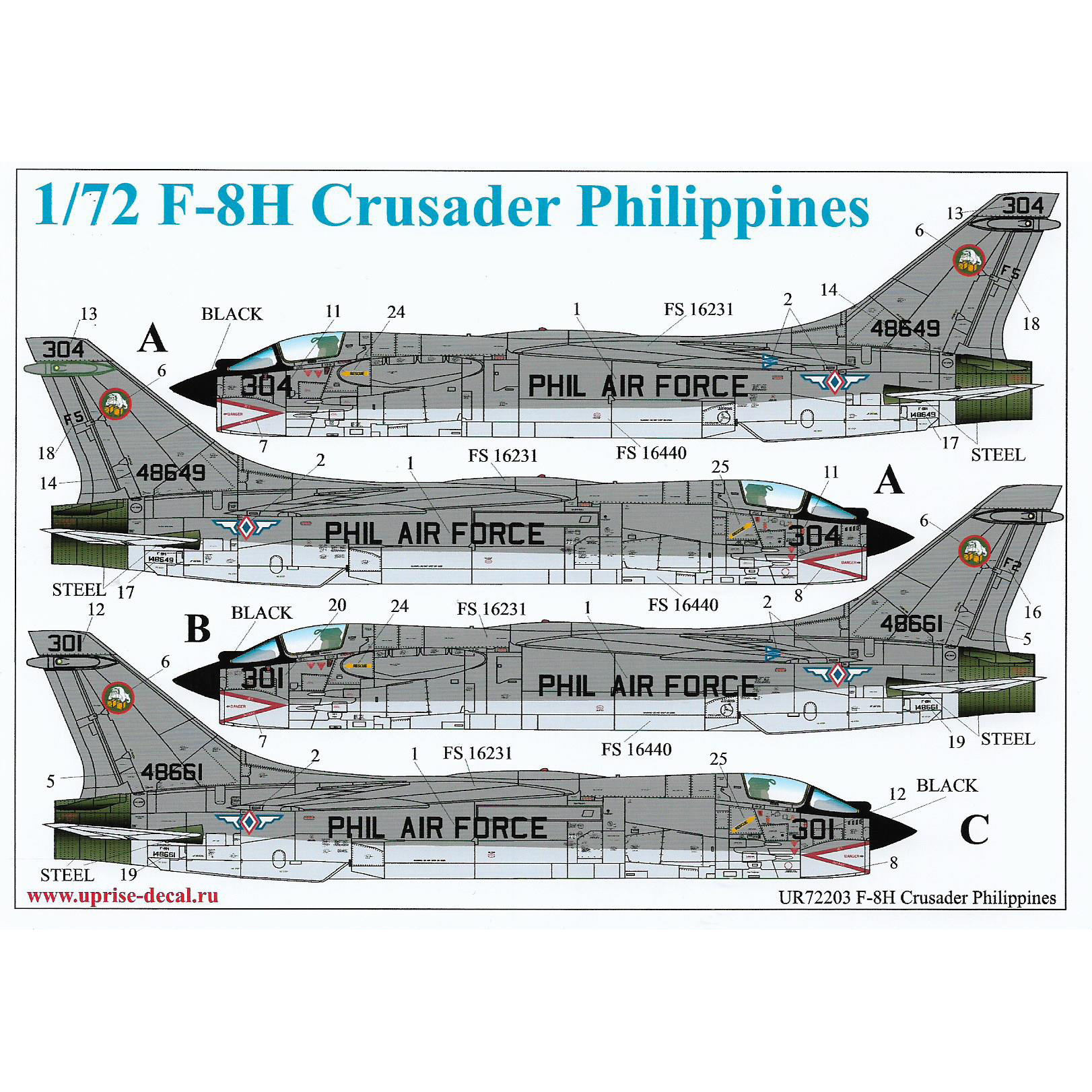 UR72203 UpRise 1/72 Декаль для F-8H Crusader Pilippines, с полными тех. надписями