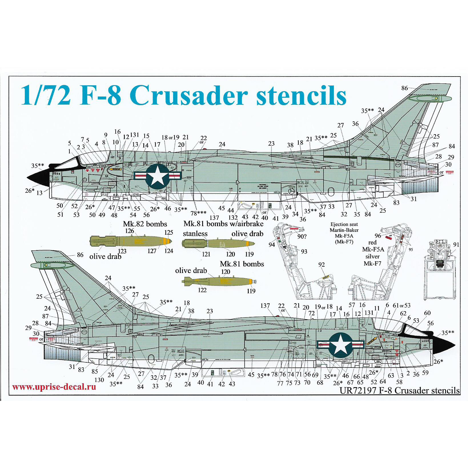 UR72197 UpRise 1/72 Декаль для F-8 Crusader stencils with insignia & armament FFA (удаляемая лаковая подложка) 