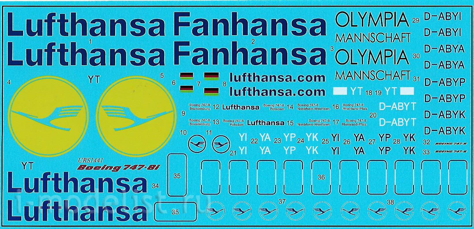 URS1441 UpRise 1/144 Декаль для авиалайнера 747-8i Old Lufthansa with Retro с тех. надписями и маской