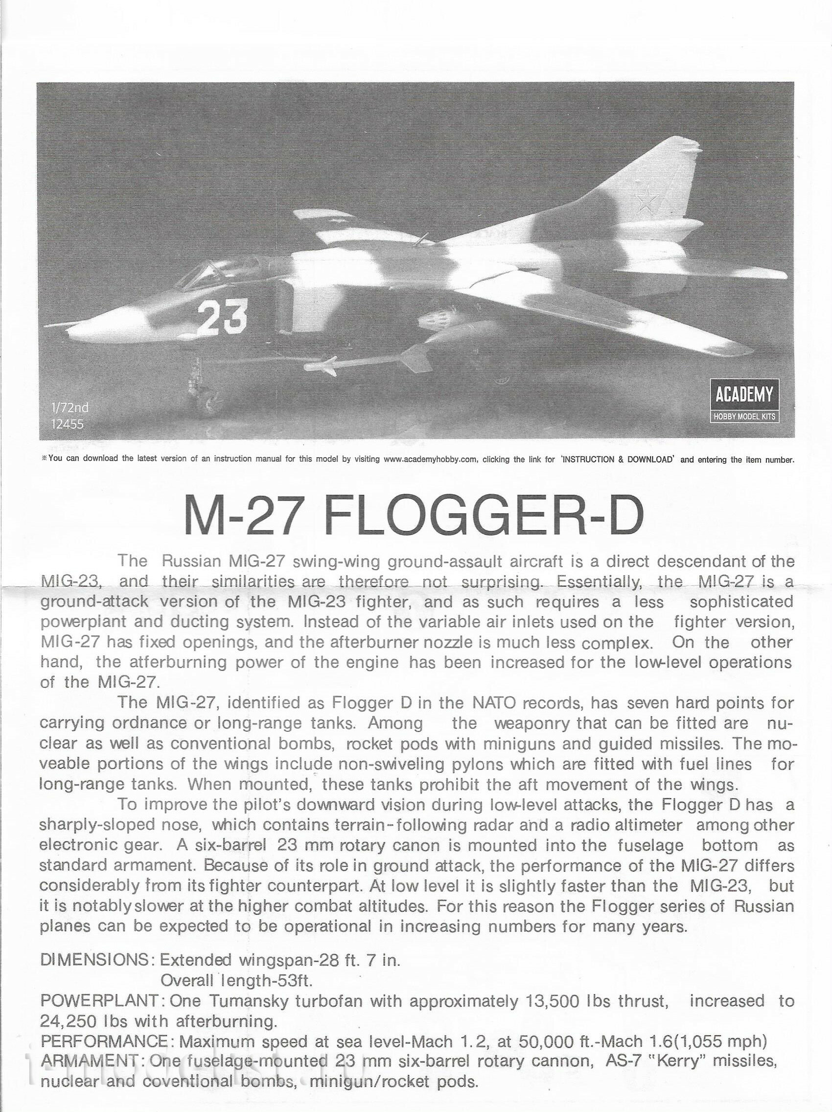 12455 Academy 1/72 Самолет MiG-27 FLOGGER-D