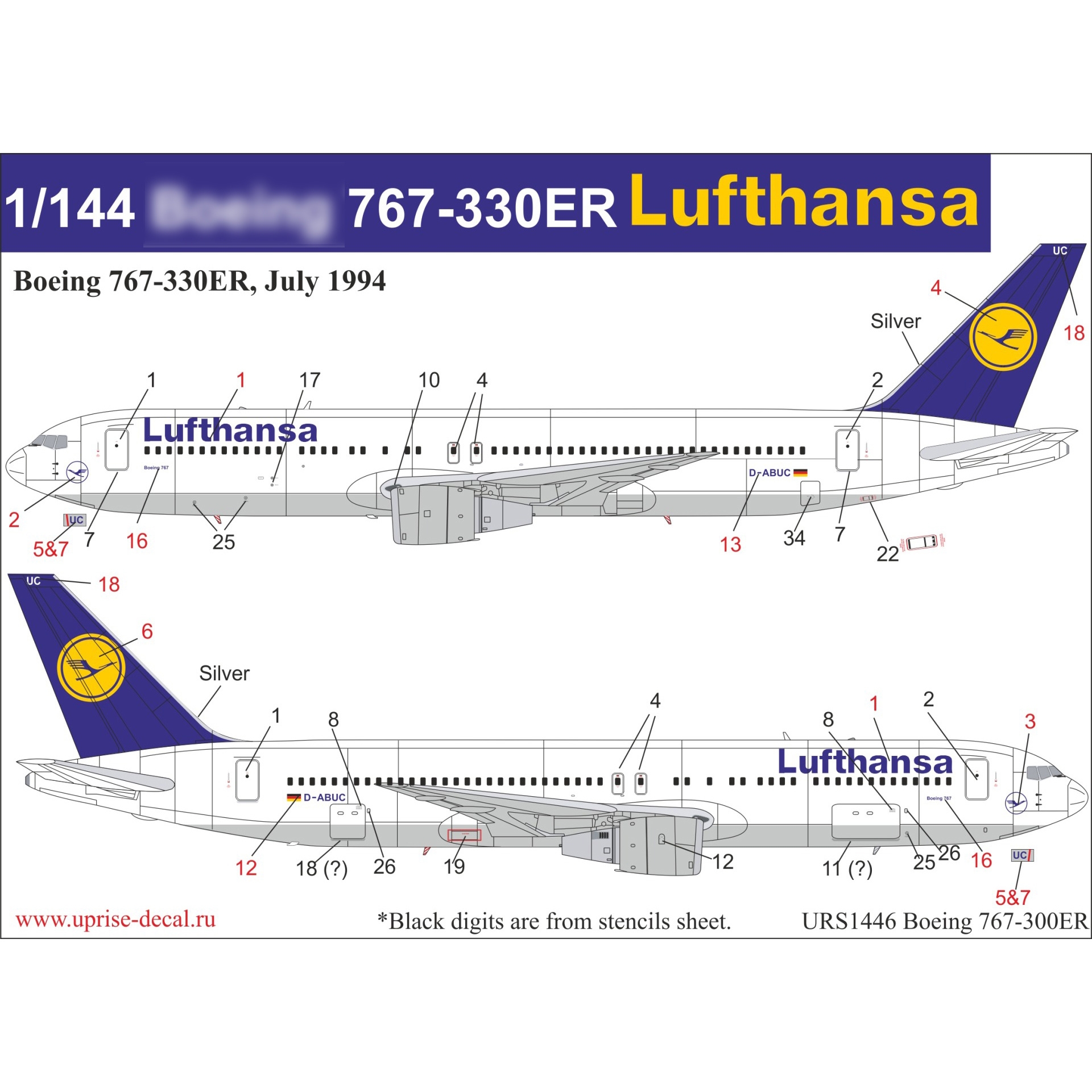 URS1446 UpRise 1/144 Декали для 767-300ER Lufthansa с тех. надписями