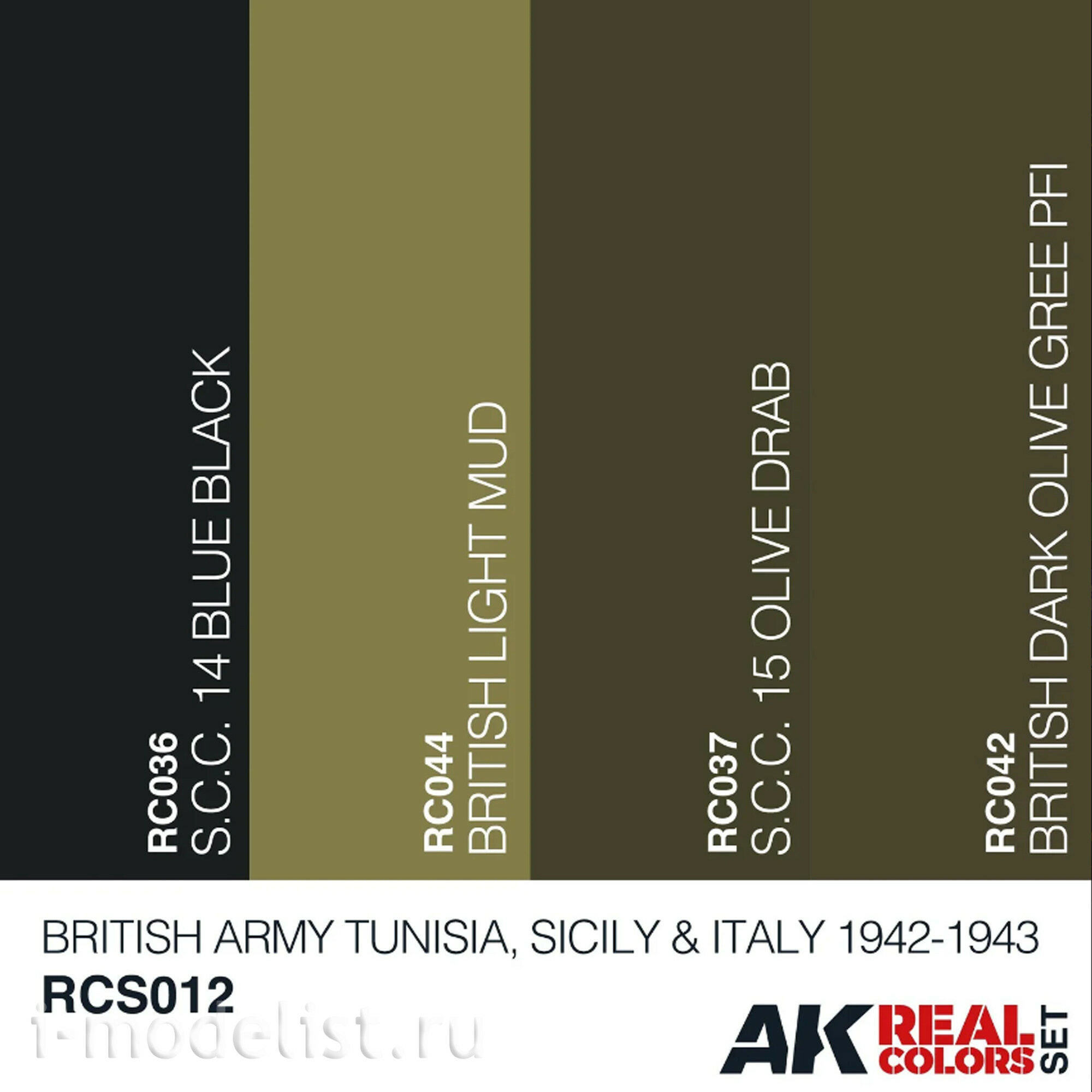 RCS012 AK Interactive Набор акриловых красок Real Colors BRITISH ARMY TUNISIA, SICILY,& ITALY 1943-1945 SET / БРИТАНСКАЯ АРМИЯ - ТУНИС, СИЦИЛИЯ И ИТАЛИЯ 1943-1945 гг.