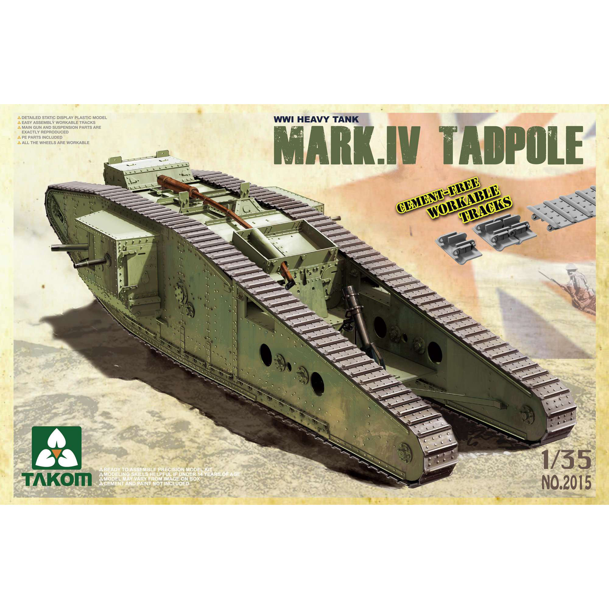 2015 Takom 1/35 Тяжелый боевой танк Mark IV Mark IV Tadpole с задним минометом времен Первой мировой войны