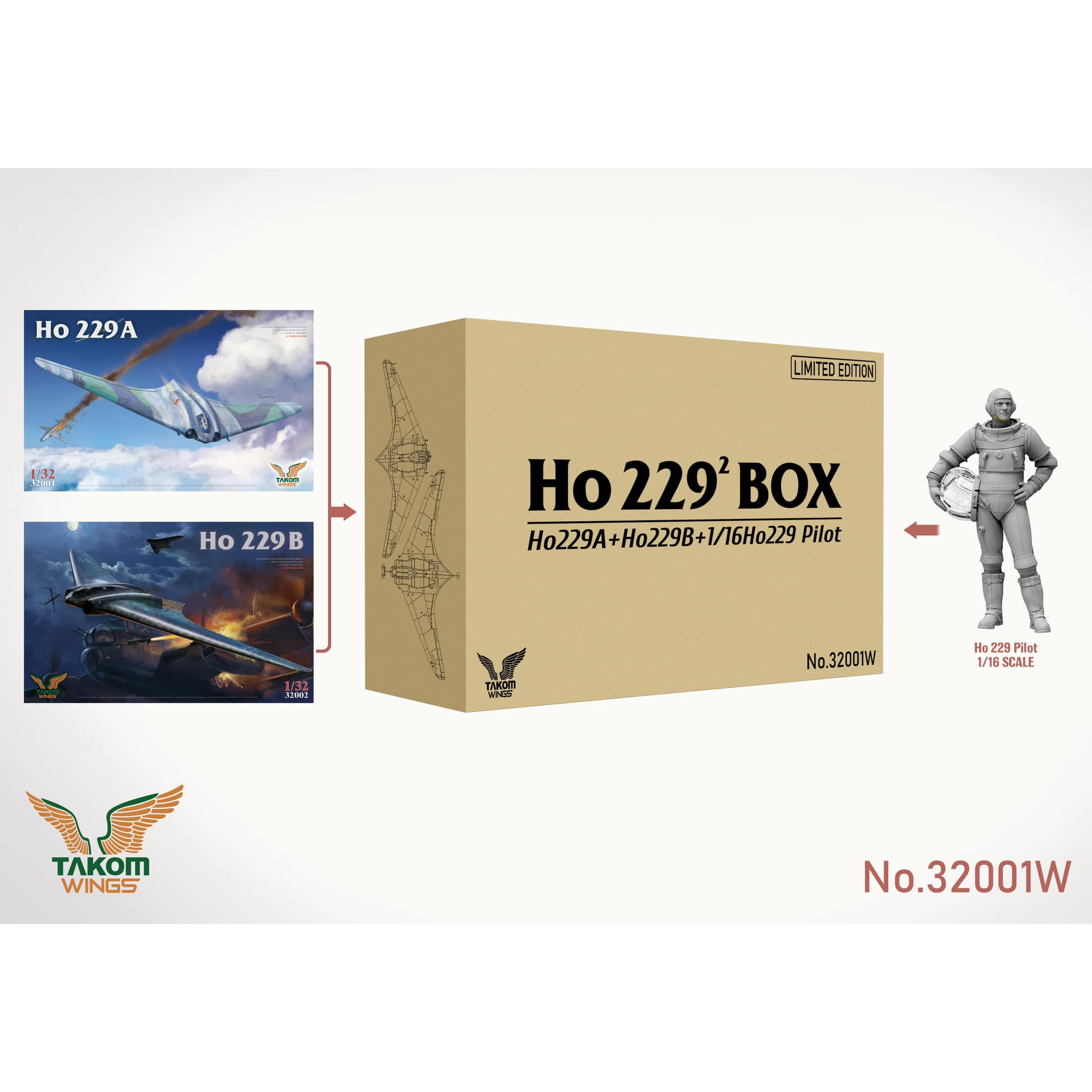 32001W Takom 1/32 Ho 229 BOX 2: Ho229A + Ho229B + фигура пилота Ho229 в 1/16 масштабе