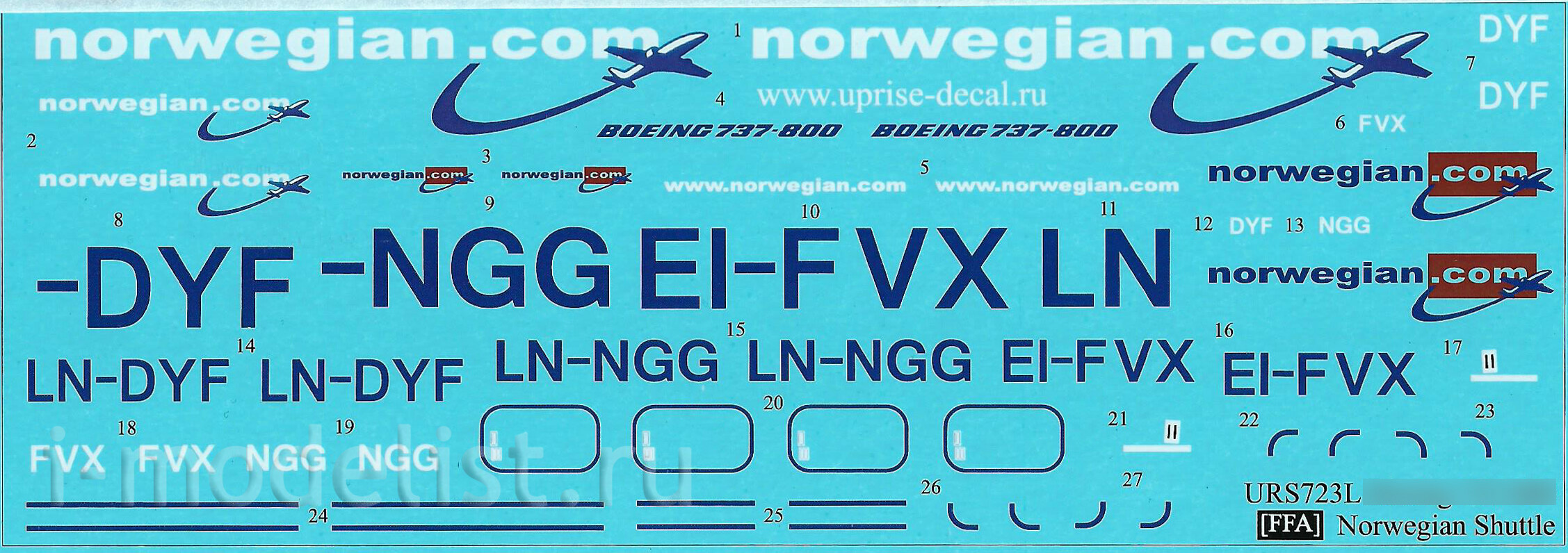 URS723L UpRise 1/72 Декаль для 737-800 Norwegian Shuttle LN-NGG/EL-FVX/LN-DYF (Sonsteby/Mercury/Nansen) с тех. надписями FFA (удаляемая лаковая подложка) 