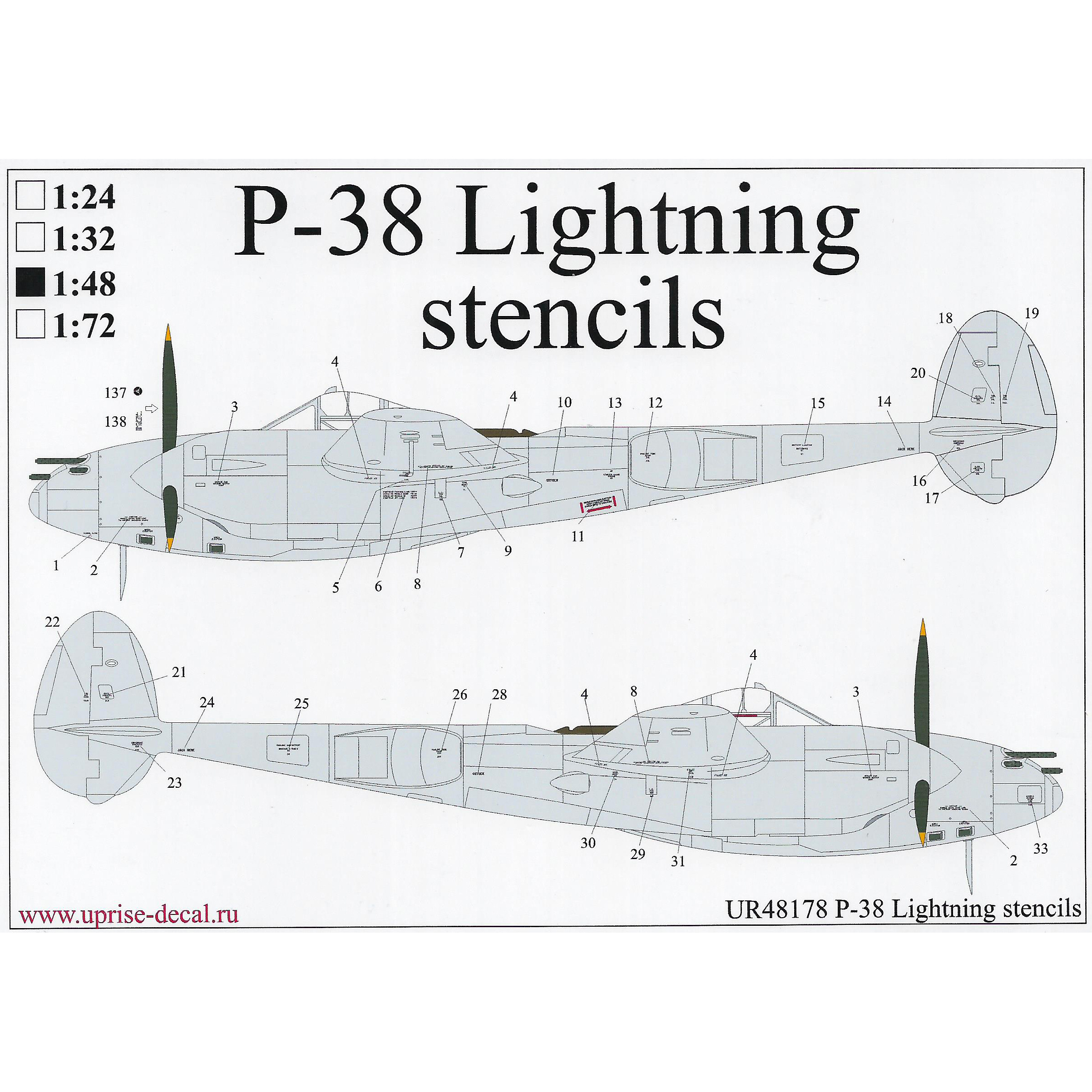 UR48178 UpRise 1/48 Декали для P-38 Lightning, тех. надписи