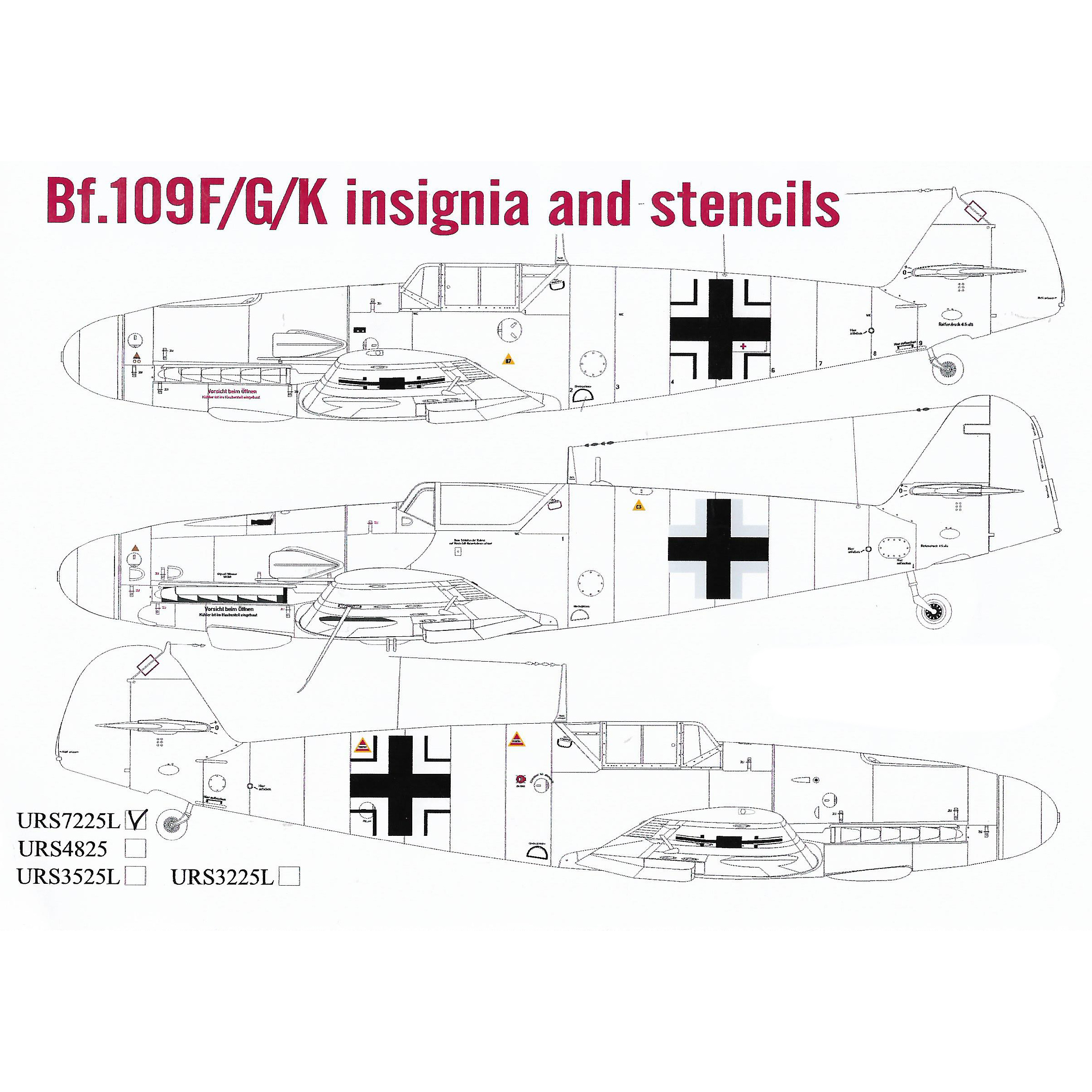 URS7225L UpRise 1/72 Декаль для Bf.109F/G/K, знаки отличия и тех. надписи