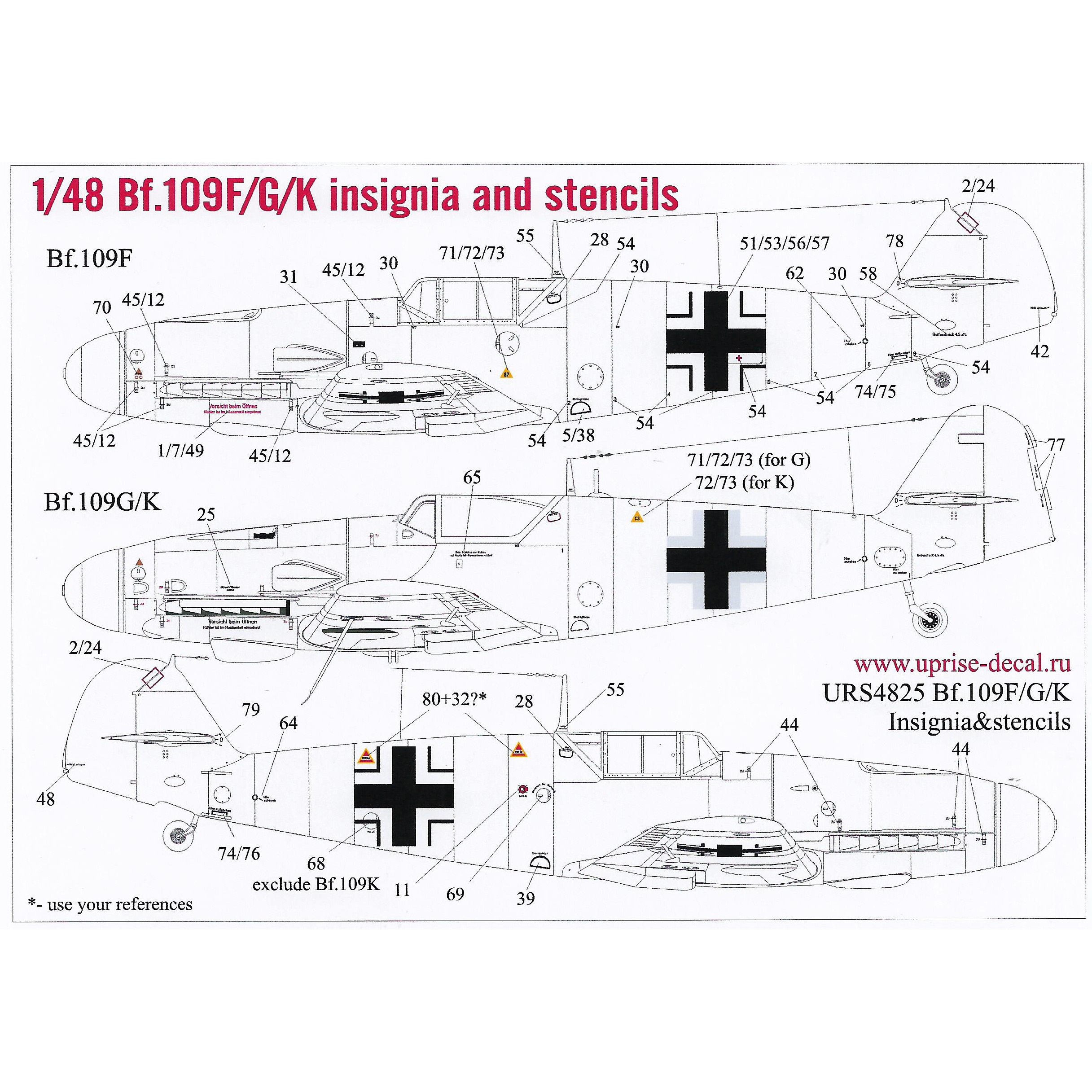 URS4825 UpRise 1/48 Декали для Bf.109F/G/K, символика и тех. надписи