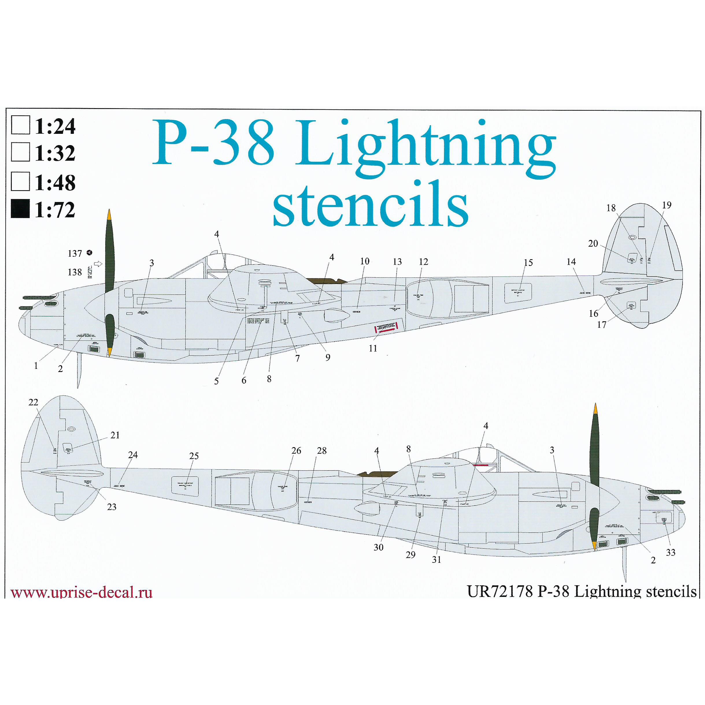 UR72178 UpRise 1/72 Декали для P-38 Lightning, тех. надписи