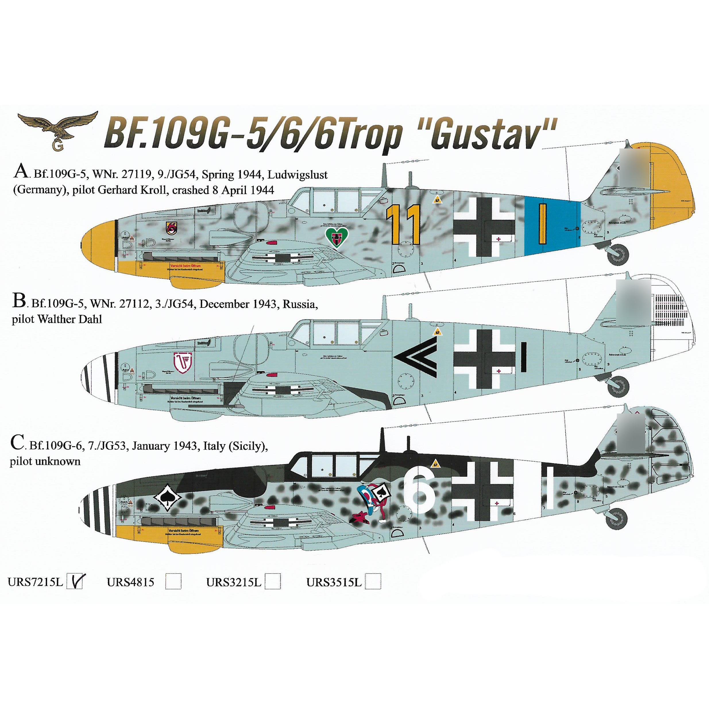 URS7215L UpRise 1/72 Декаль для Bf.109G-5/6/6 Trop, с тех. надписями