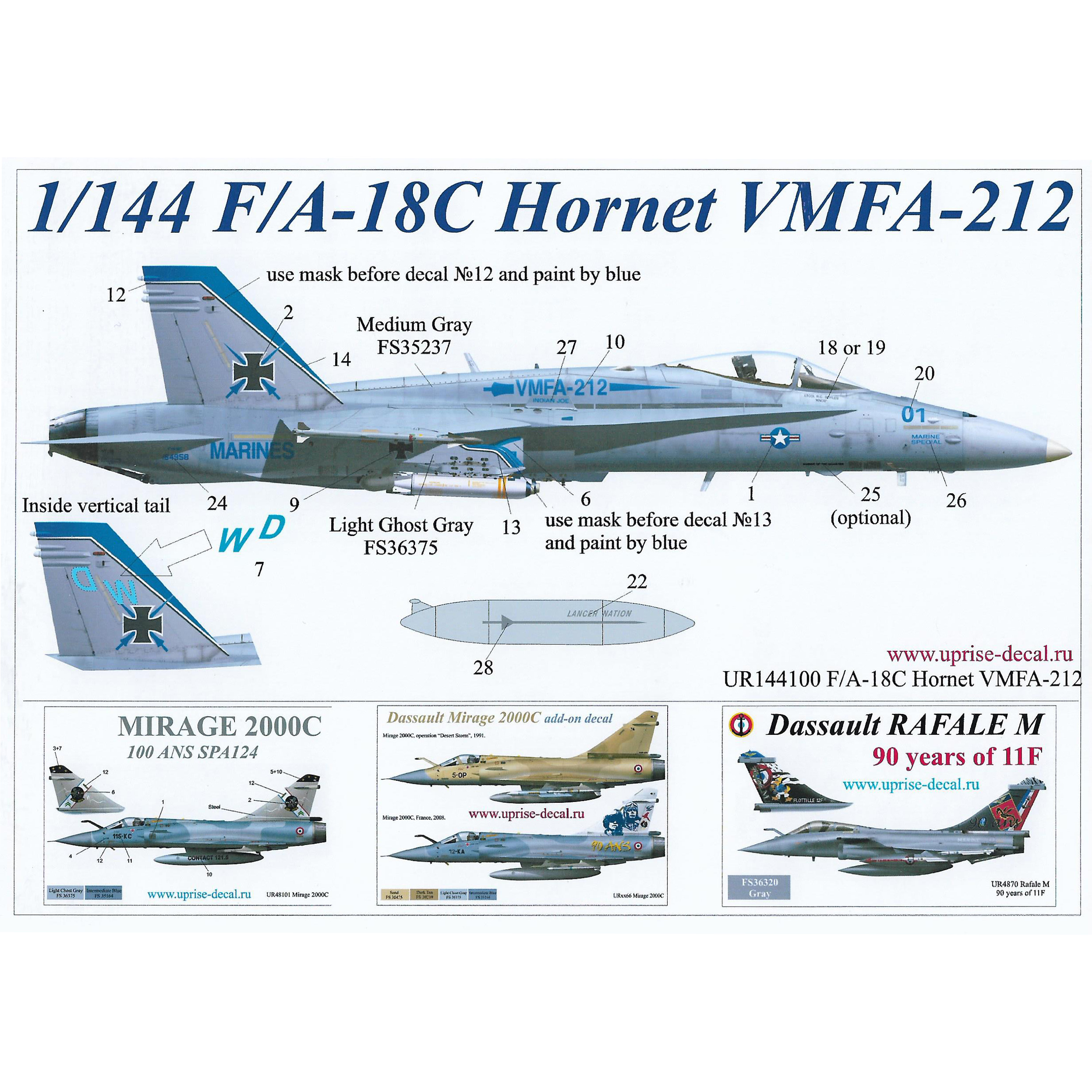 UR144100 UpRise 1/144 Декали для F/A-18C Hornet VMFA-212, без тех. надписей