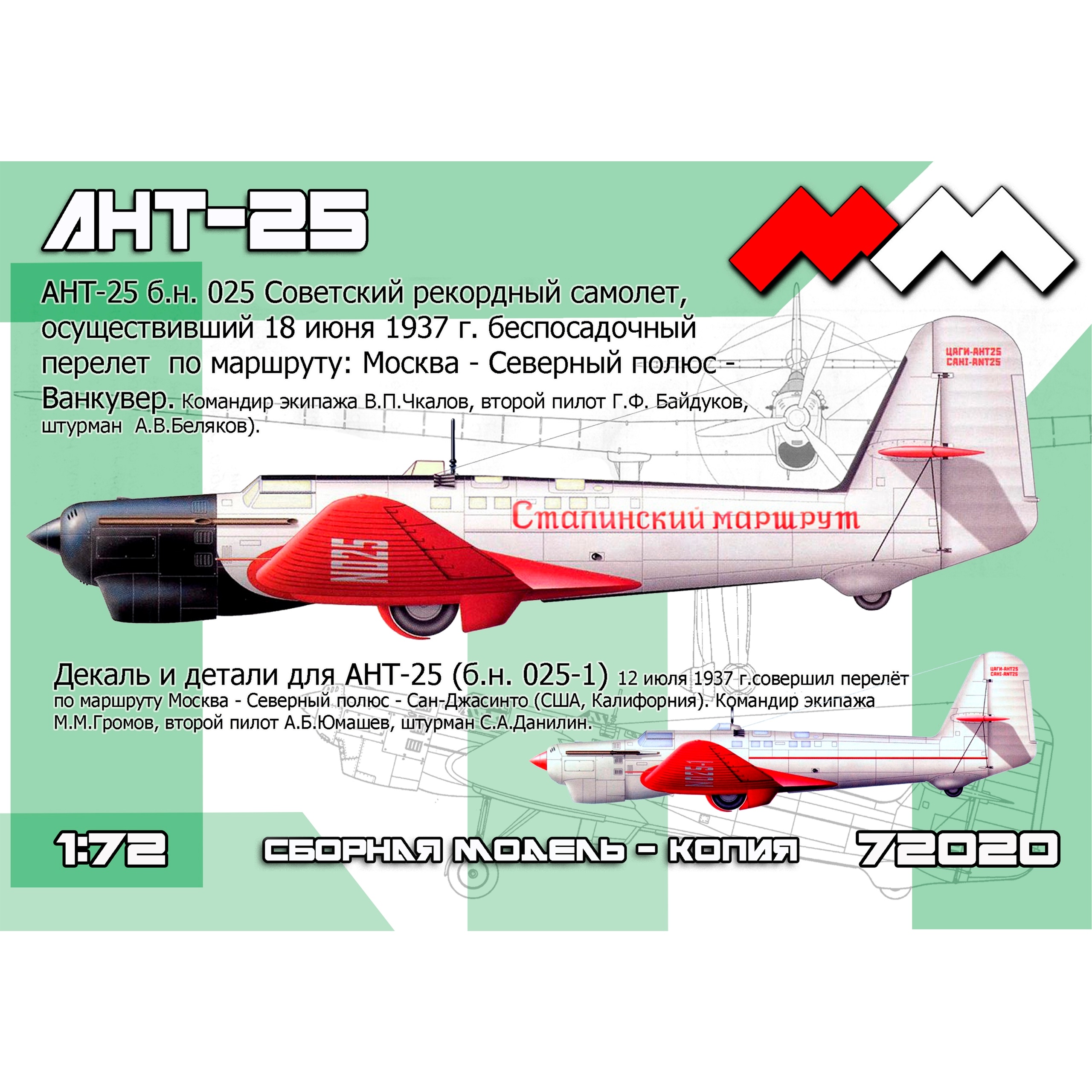 MM72020 Моя модель 1/72 АНТ-25 Советский рекордный самолёт
