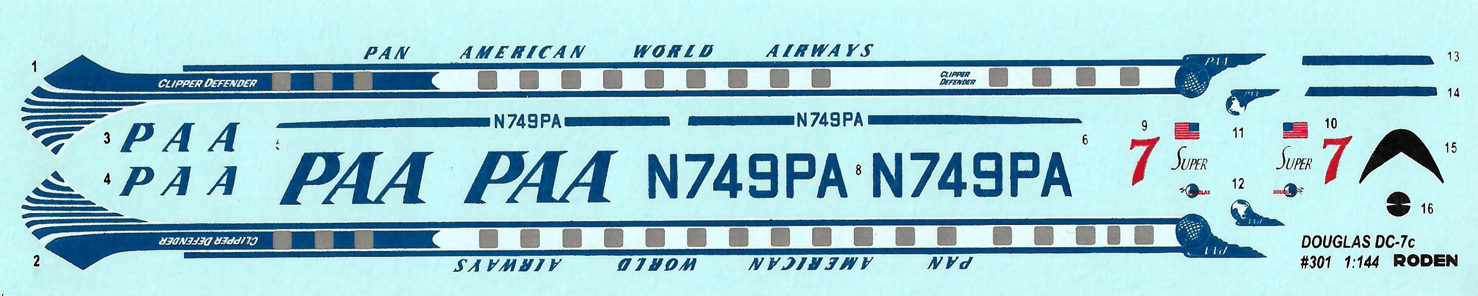 301 Roden 1/144 Декаль DC-7C Pan American World Airways (PAA)