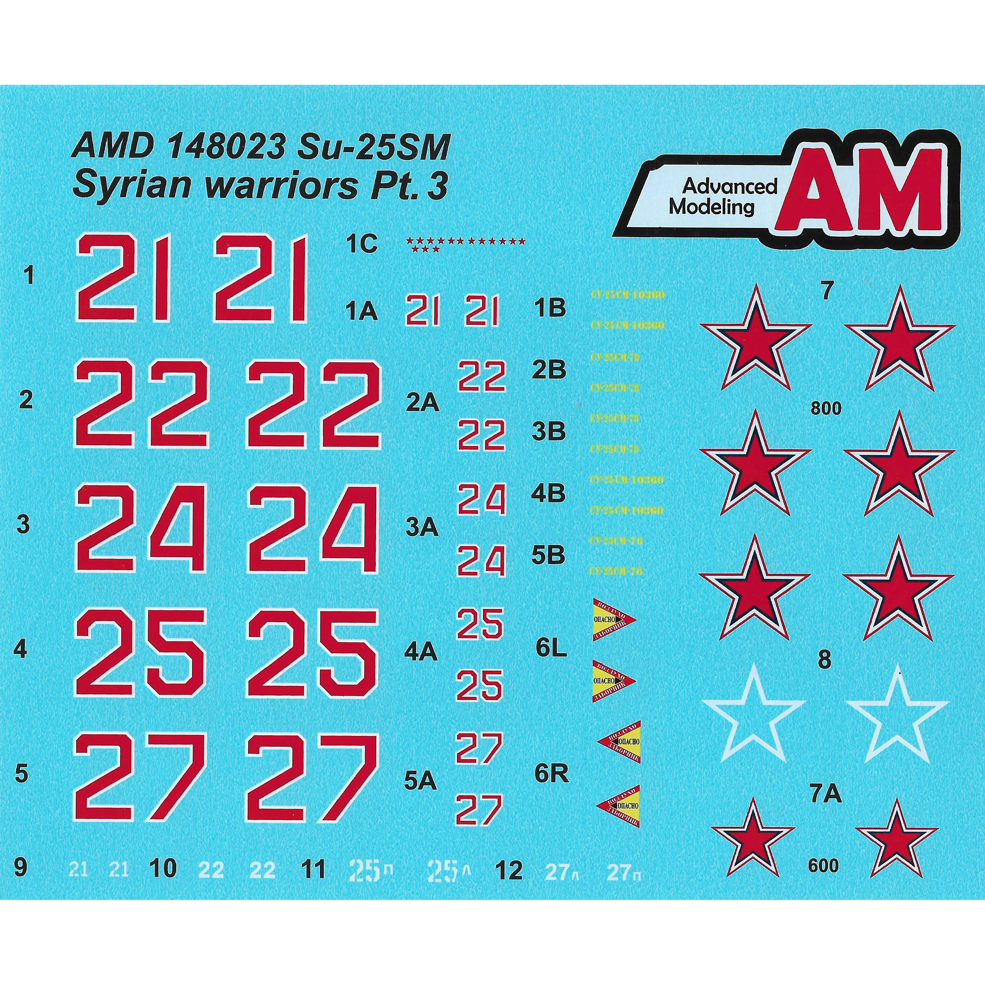 AMD148023 Advance Modeling 1/48 Декали для Суххой-25CМ из состава Авиационной Группы ВКС России в Сирии, аэродром Хмеймим