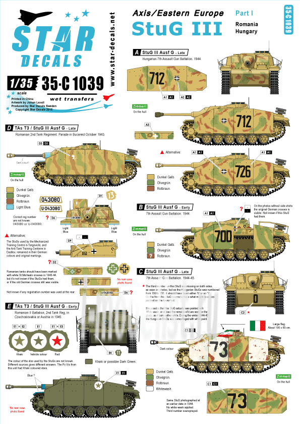 35-C1039 StarDecals 1/35 Декали для  Axis/Eastern Europe StuG III # 1. Romania and Hungary.